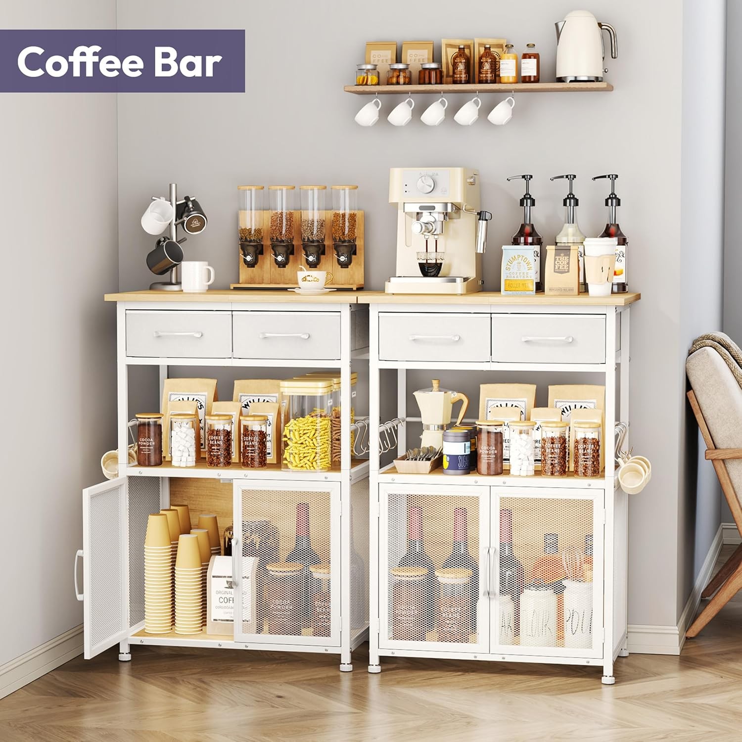 Coffee Bar Cabinet with Drawer 20.47in Stand Removable Hooks
