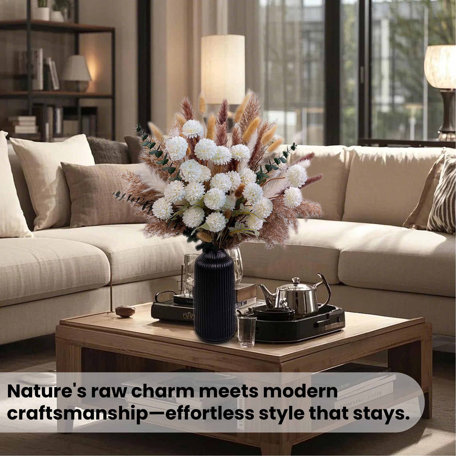 Faux Flower Bouquet with Dried Pampas Grass Artificial Peonies Mums Decor