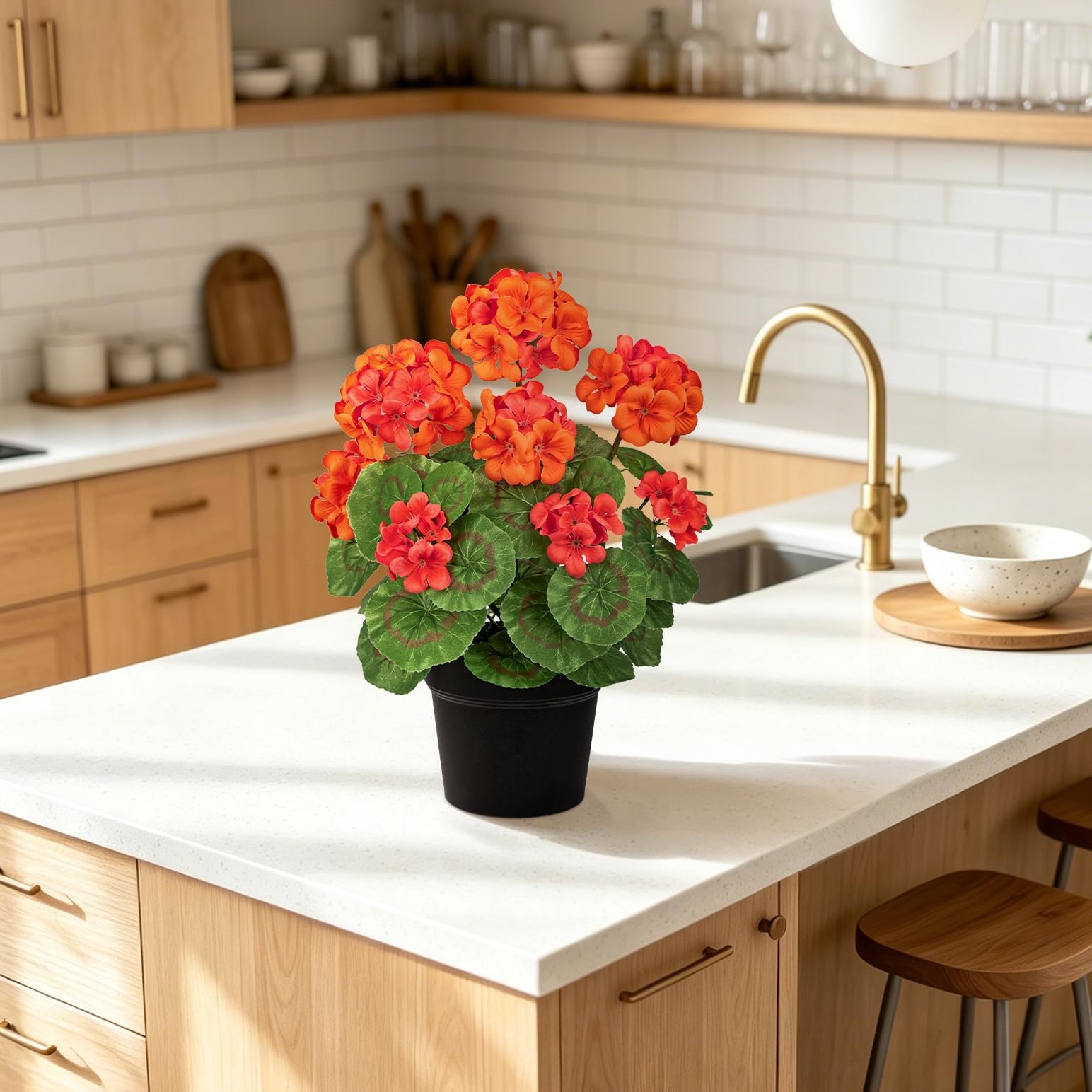 15.7in Artificial Geranium Plant in Black Pot, Orange Faux Potted Flowers, Re…