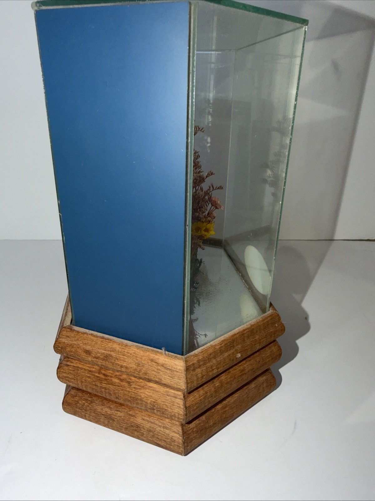 Vintage Artificial Flower And Tree Bark Glass Mirrored Music Box on Wood A Base.