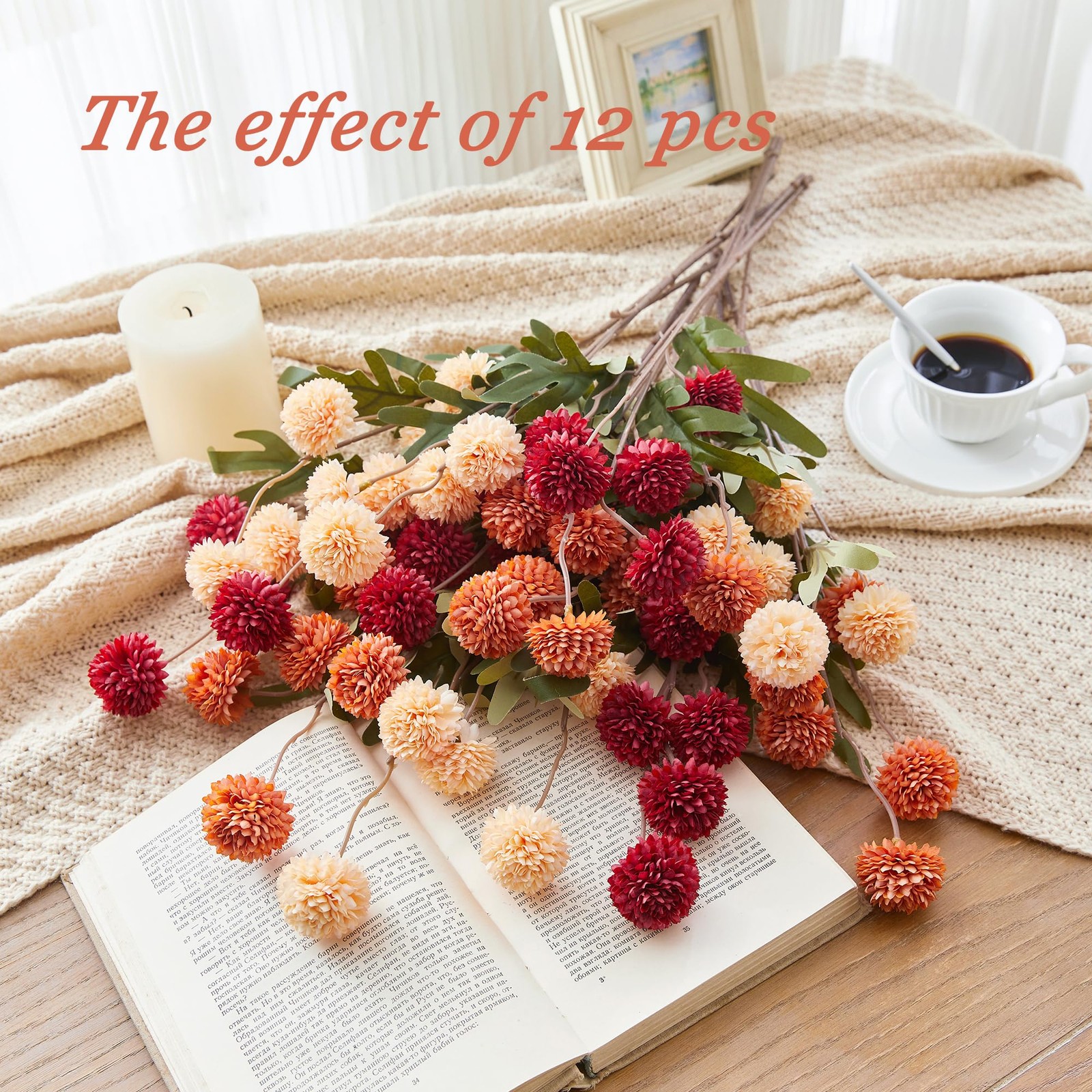 Fall Faux Silk Pompon Mum Artificial Burnt Orange Flowers Fake Mini Chrysanth…