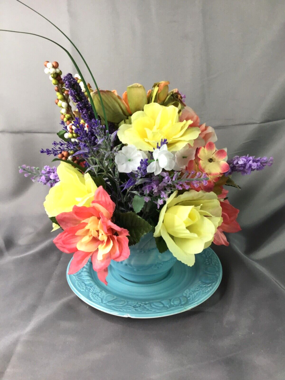 Vintage Sky Blue Oversized Cup & Sauce Coral Yellow Lavender Flower Arrangement