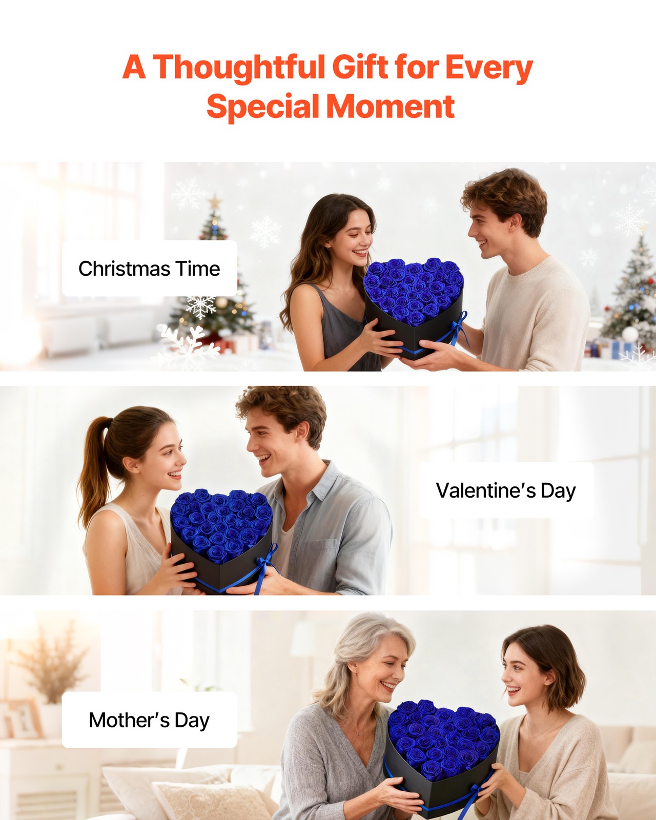 VEVOR Forever Flowers 27 Preserved Roses Heart Box Eternal Bouquet Royal Blue