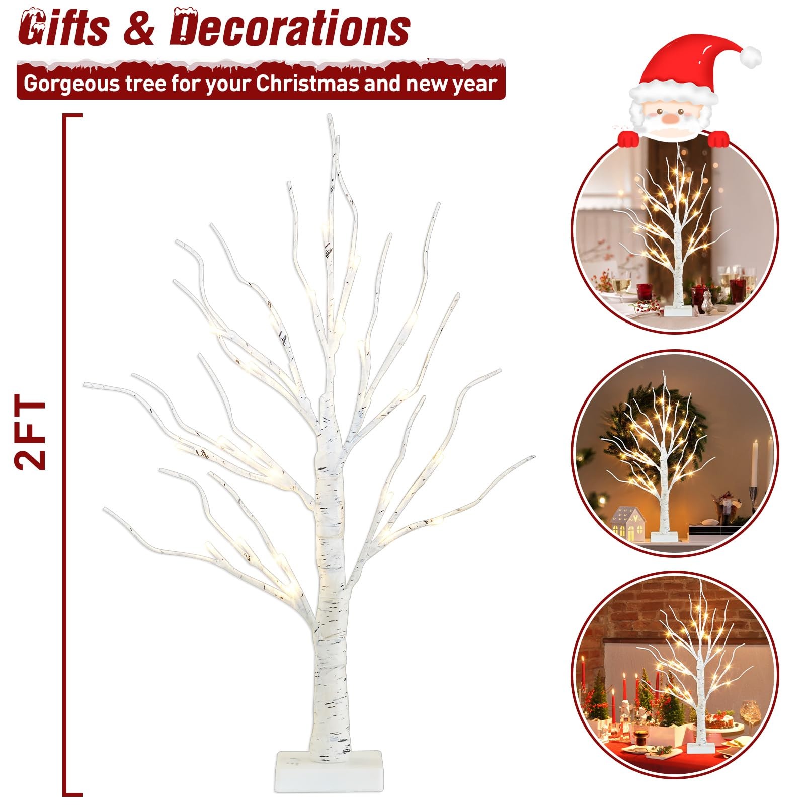 PEIDUO Artificial Tree for Christmas Decorations, 2FT Birch Tree with LED Lig…