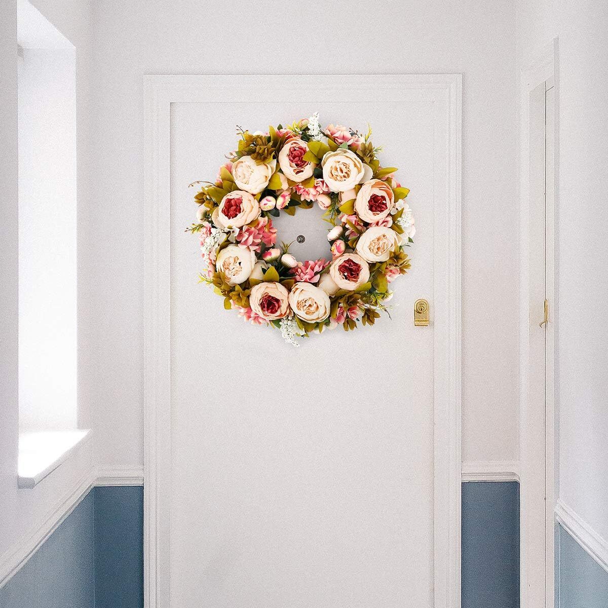 Artificial Peony Wreath 19 Inch Blooming Silk Peony Spring Summer Fall Winter