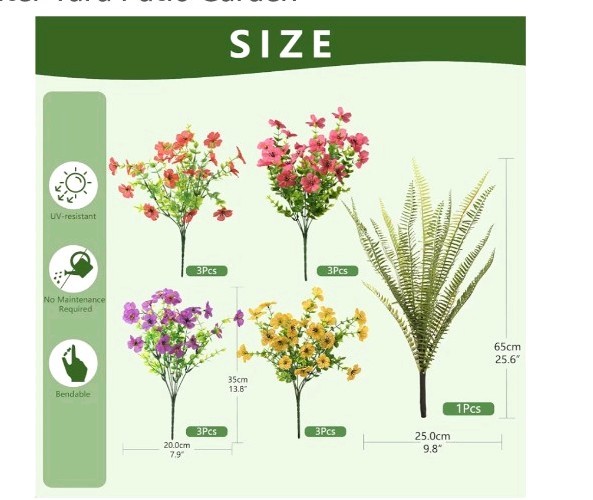 12 Bundles UV Resistant Fake Outdoor Flowers Faux Fern Realistic Plants Garden