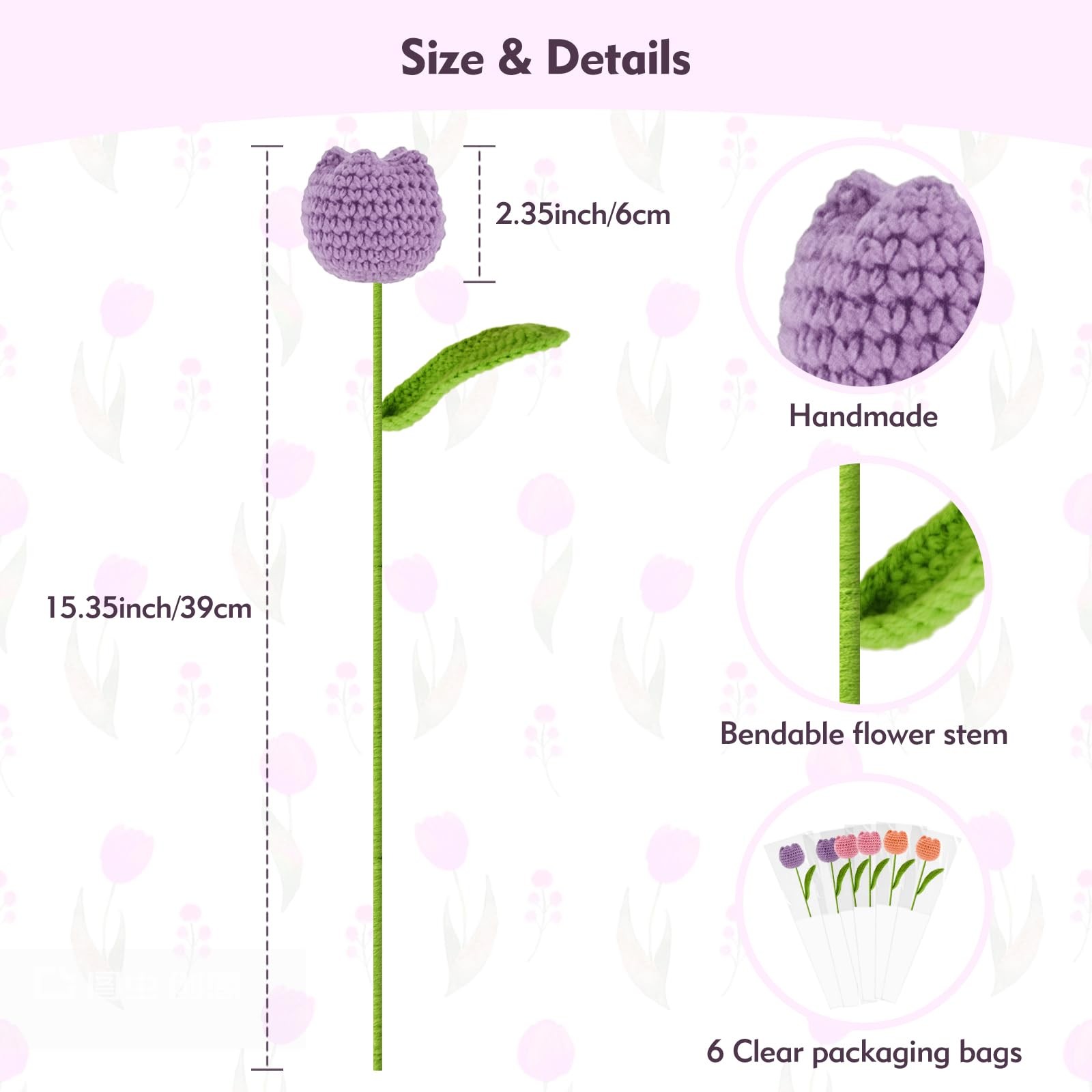 Crochet Tulips Flowers Knitted Bouquet Office Home Car Decoration Fake 6 PCS