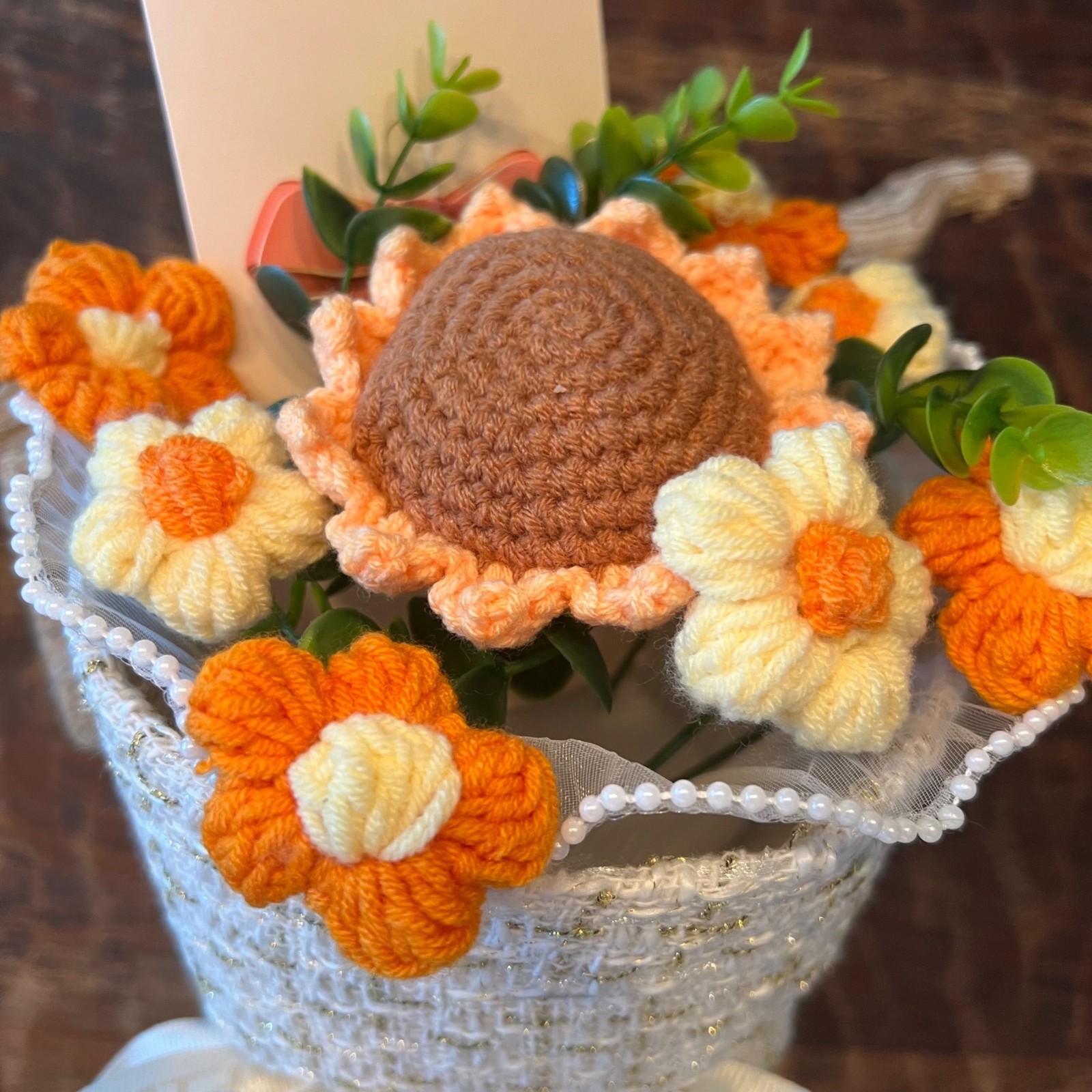 Crochet Flower Bouquet Gift With Orange & Yellow Blooms In Tweed Wrap & Gift Bag