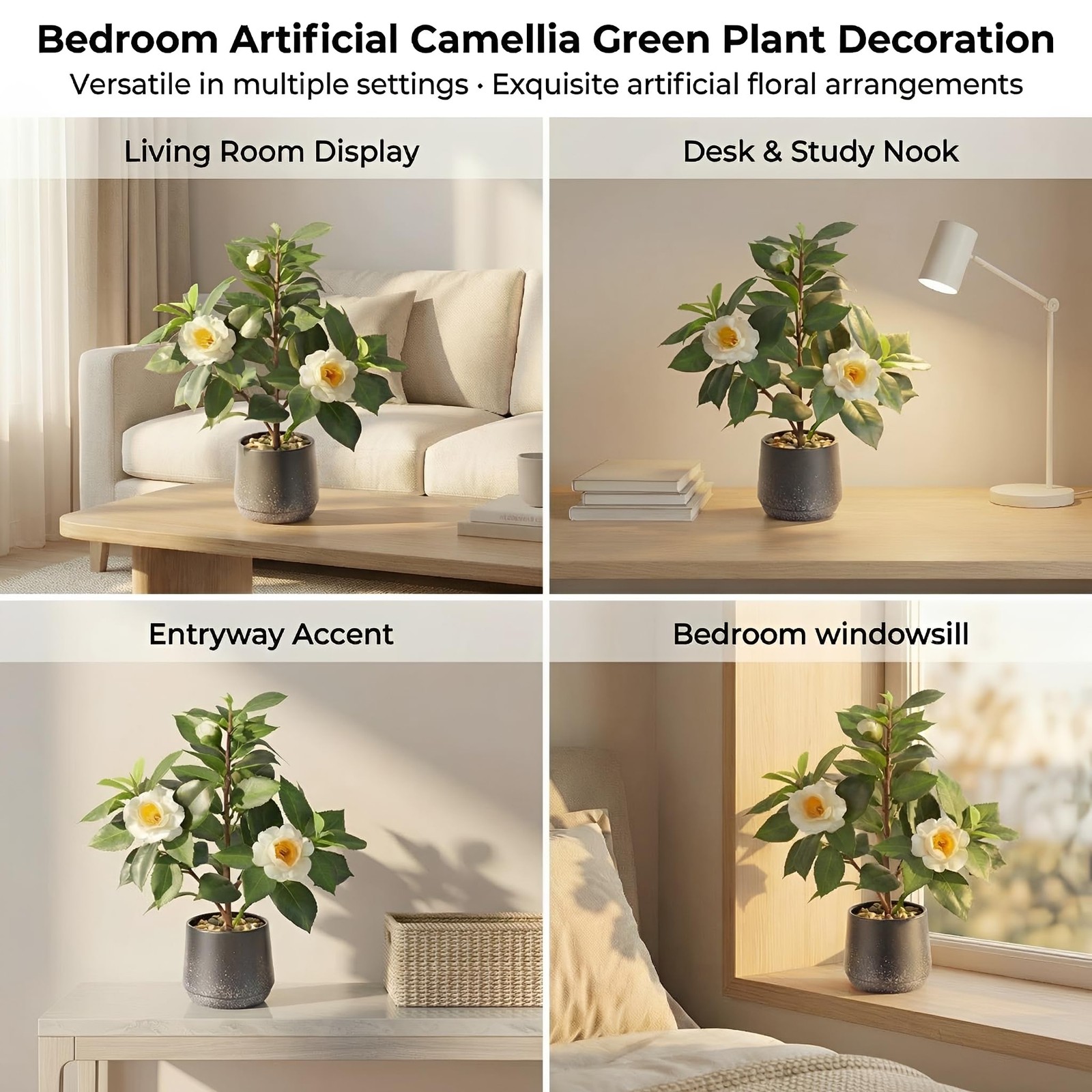 12″ Artificial Small Camellia Flowers Tree Potted Fake Plants Bonsai Decorati…