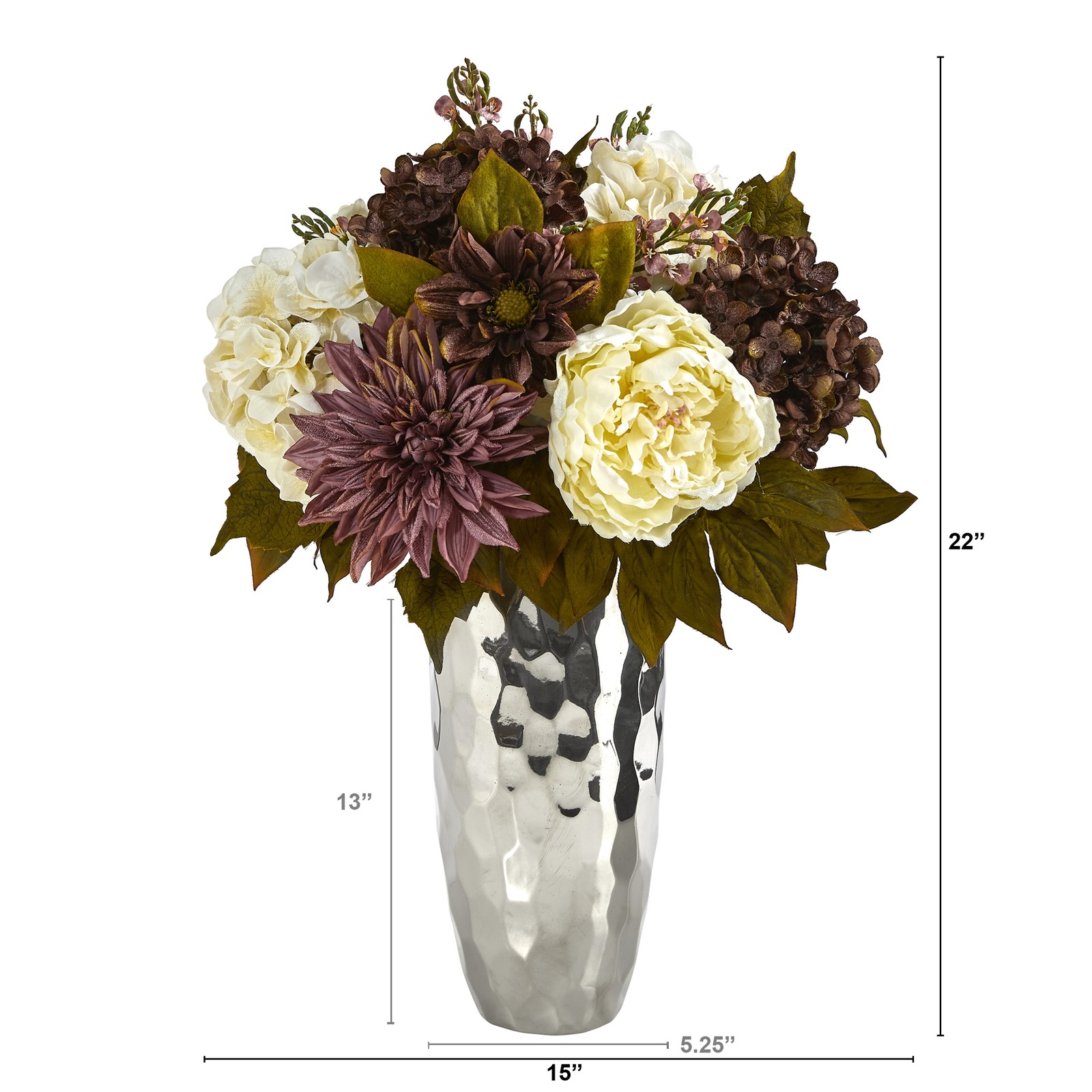 22-in Peony, Hydrangea and Dahlia Artificial Arrangement in Silver Vase