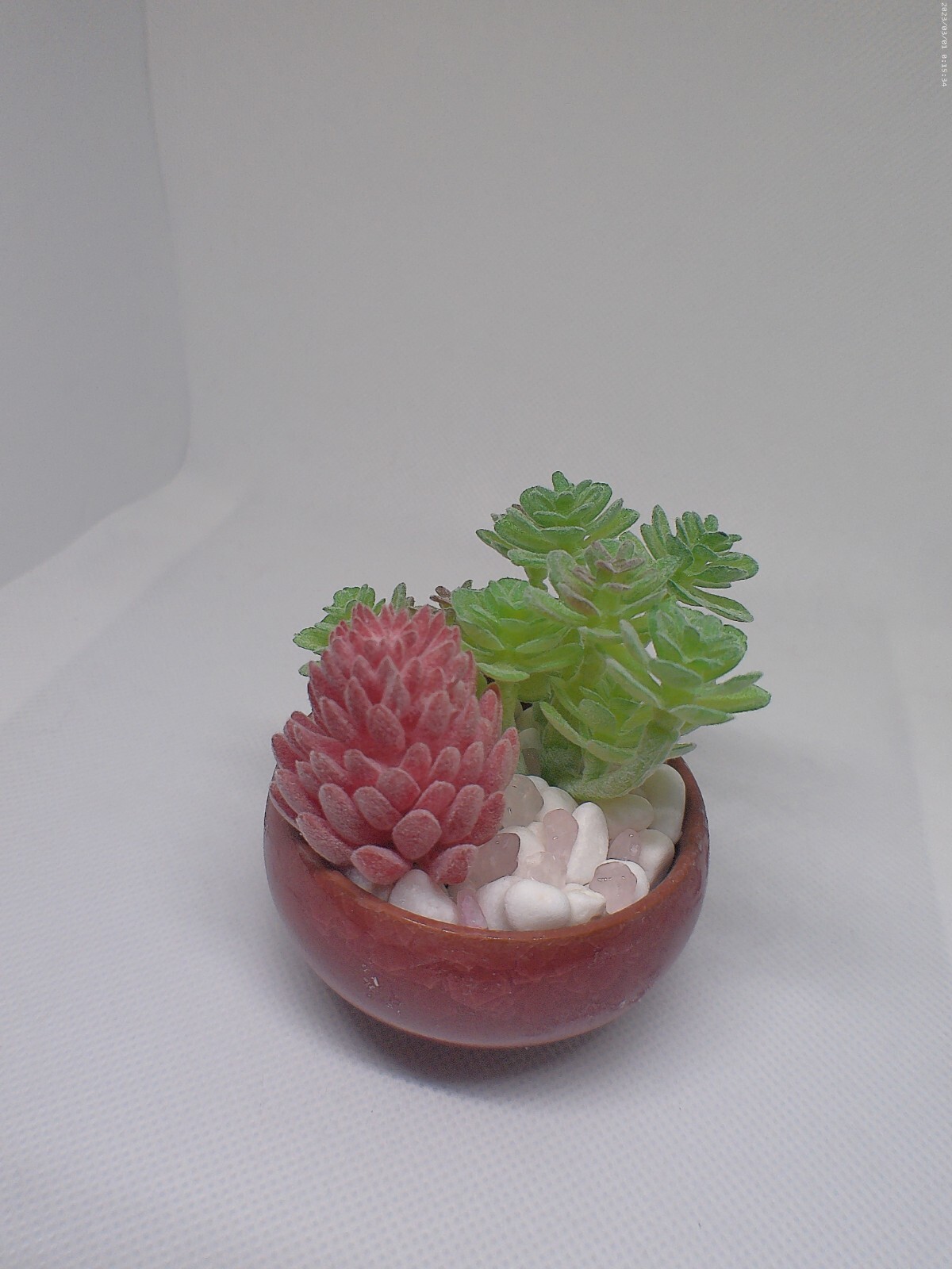 Small Handmade Maroon Planter with Faux Succulents & Rose Quartz Stones
