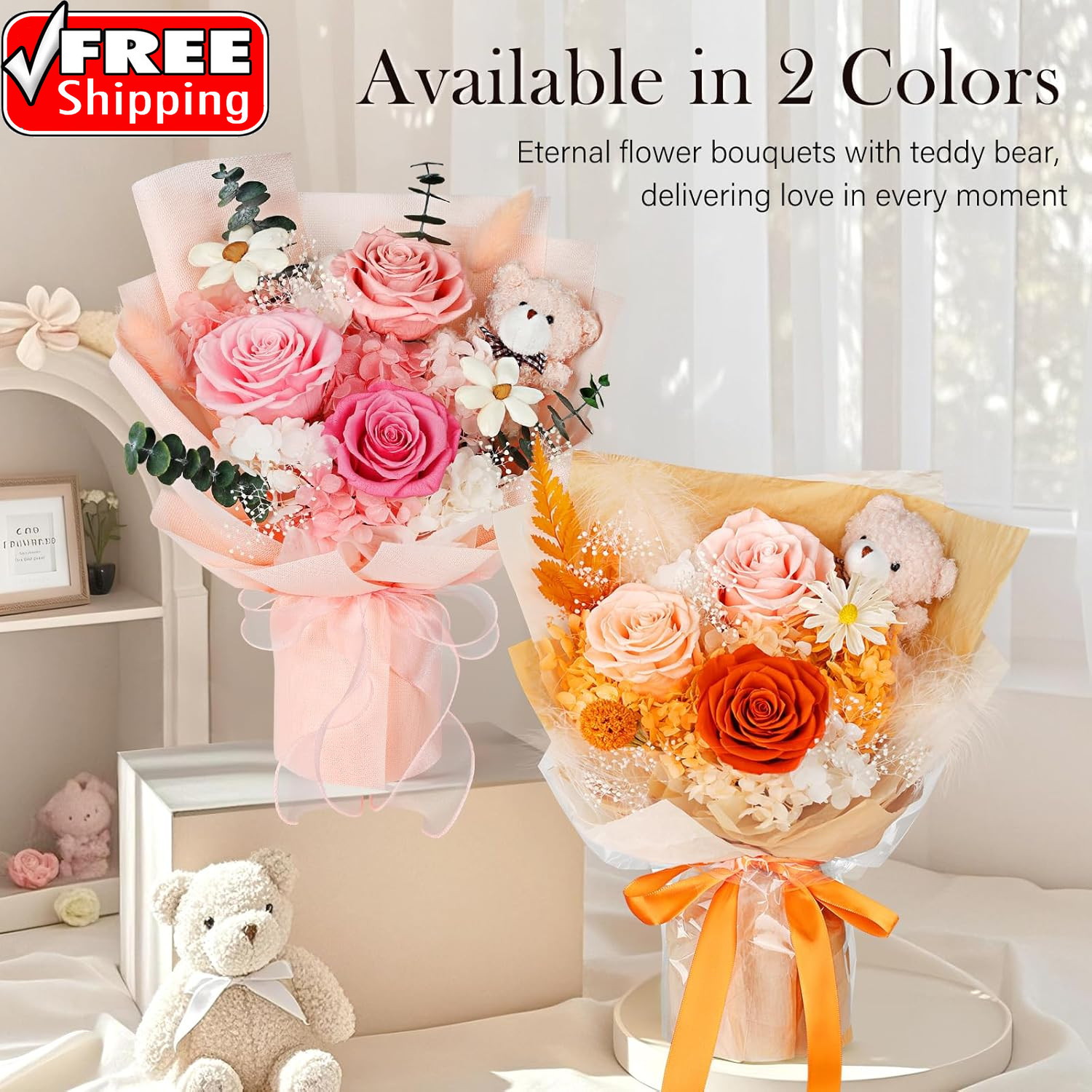 Preserved Flowers Bouquet with Bear, 3 Real Forever Flowers for Delivery, Long-L