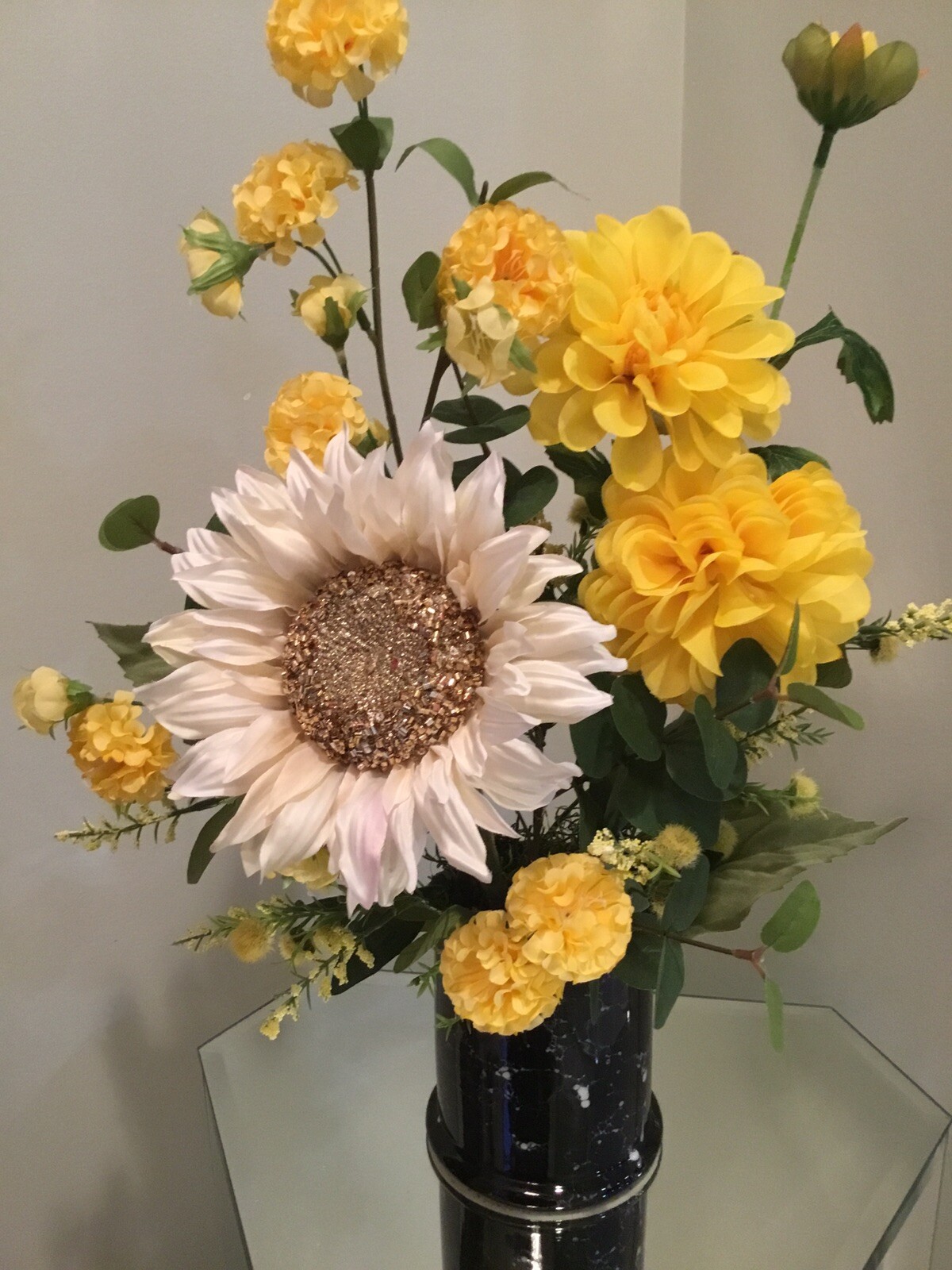 New Handmade Floral arrangement in vase Yellow and White Sunflower