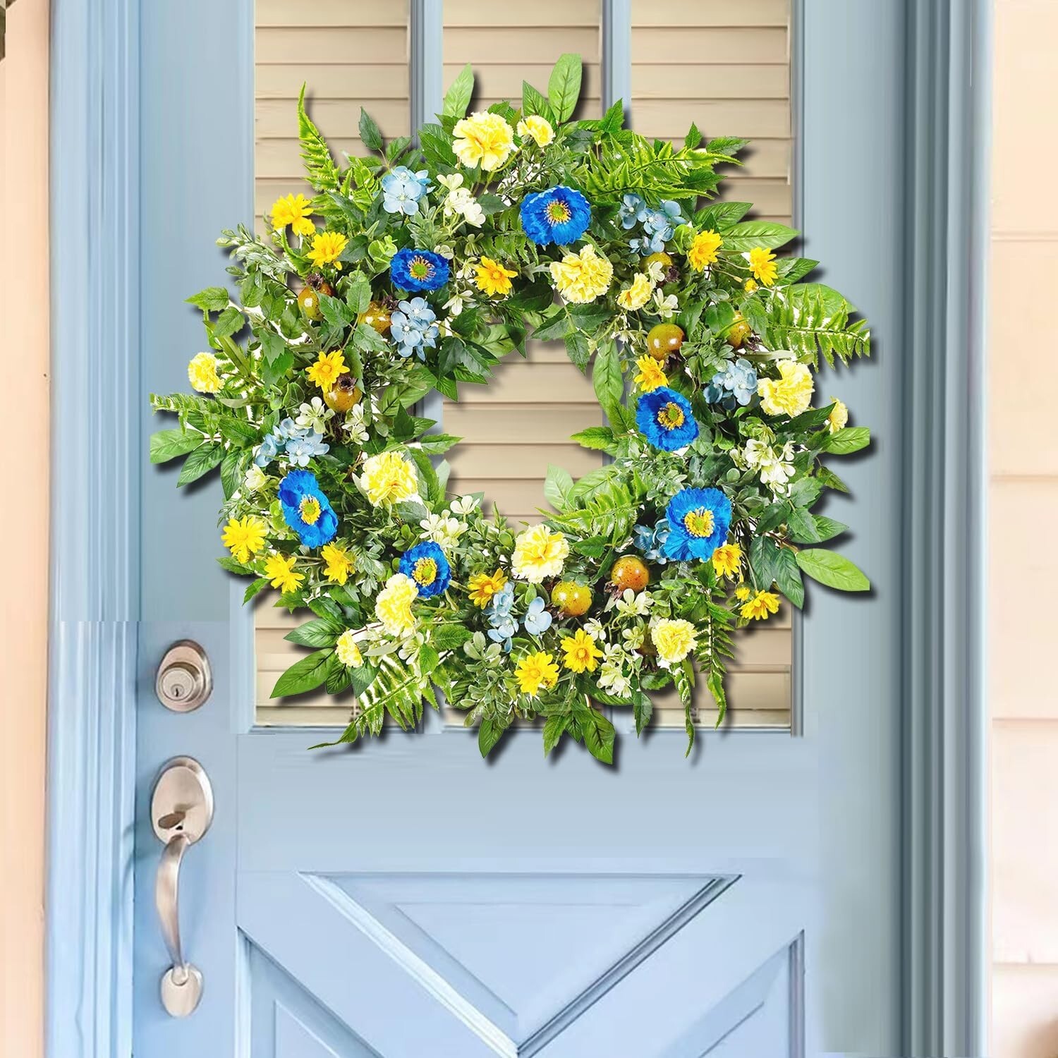 24-Inch Spring & Summer Flower Wreath – Blue & Yellow Elegance for Front Door