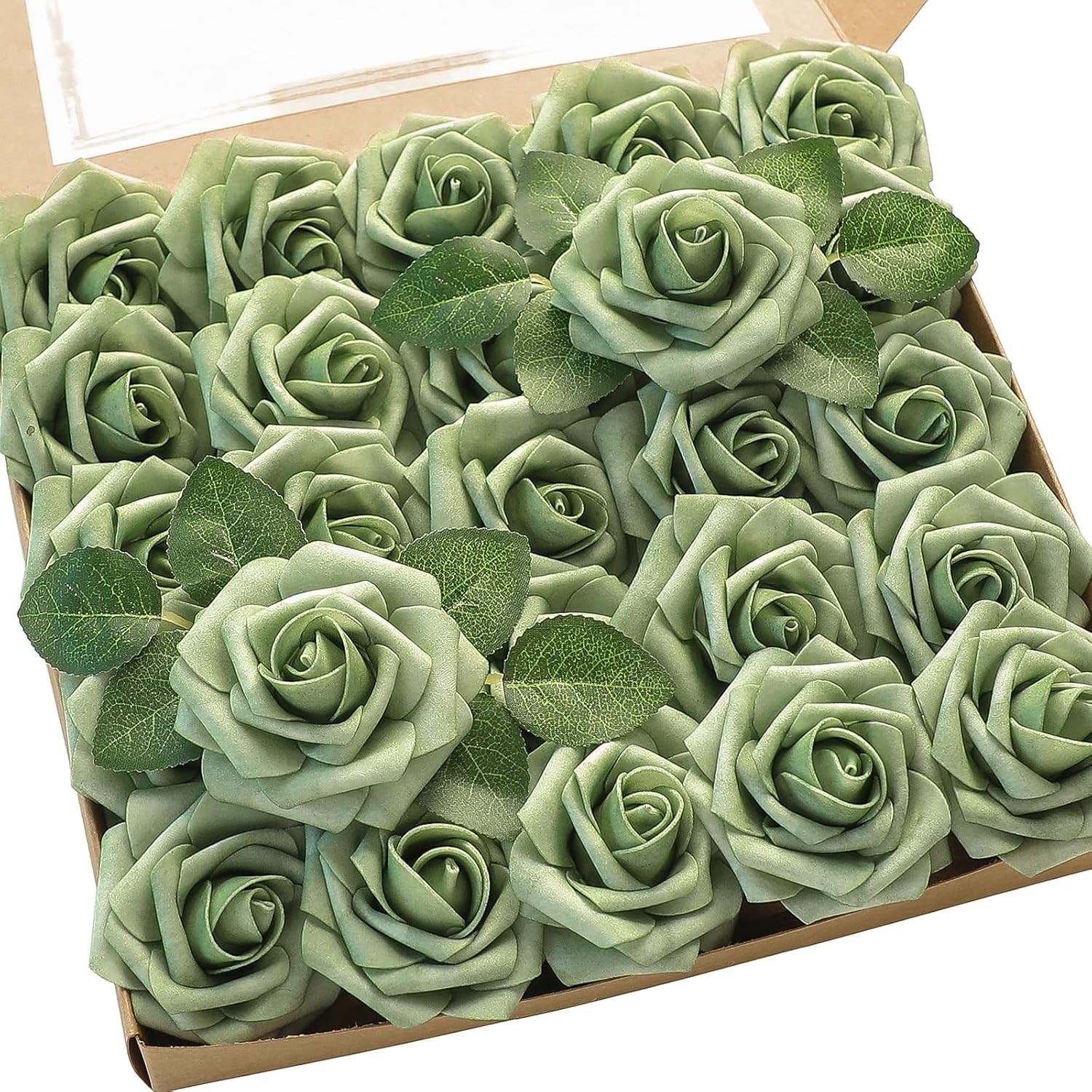 Artificial Flowers 25Pcs Real Looking Elf Green Foam Fake Roses with Stems fo…
