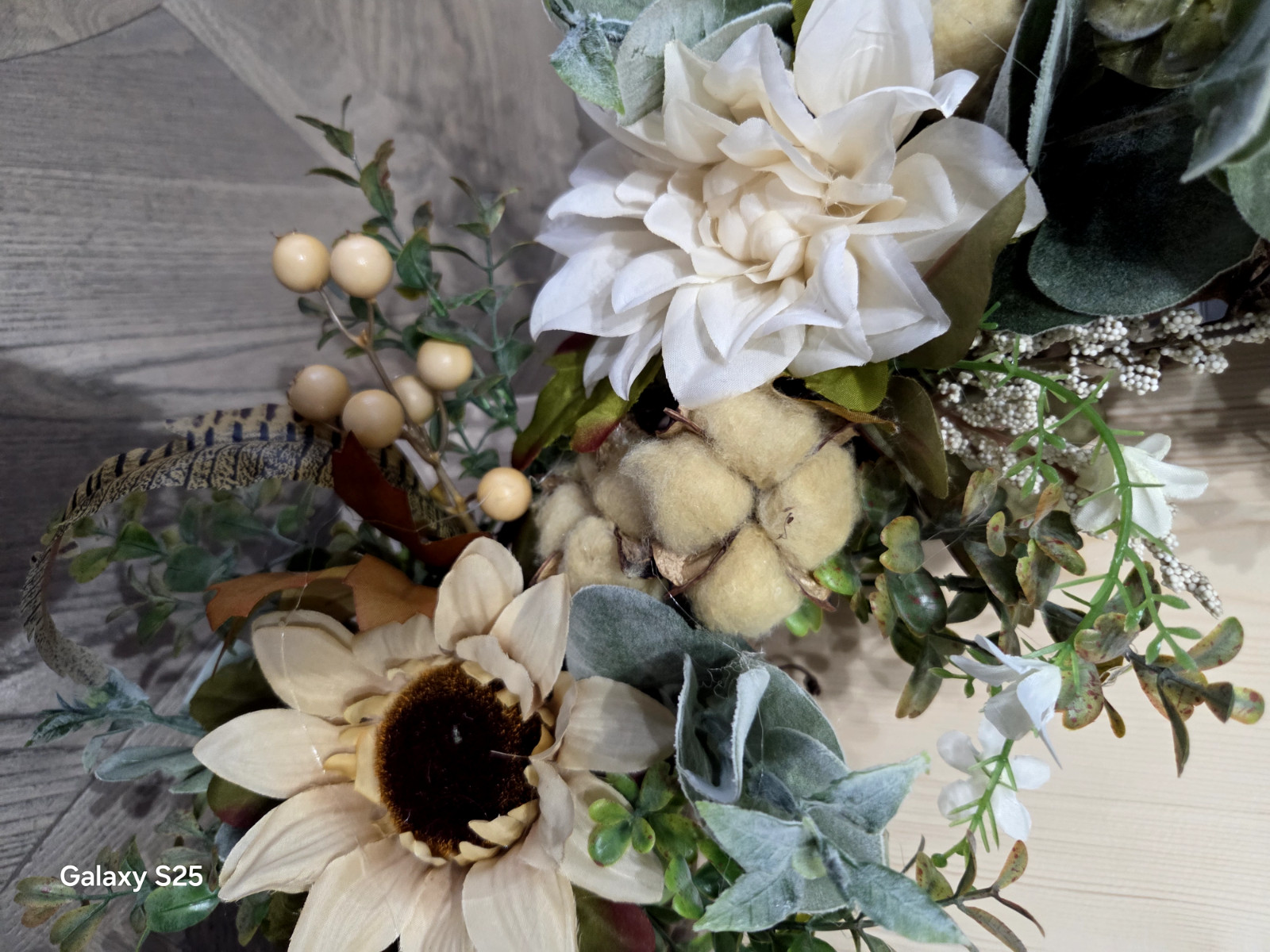 Organic Mixed Silk Flowers Wreath with Tea-Stained Cotton Bolls