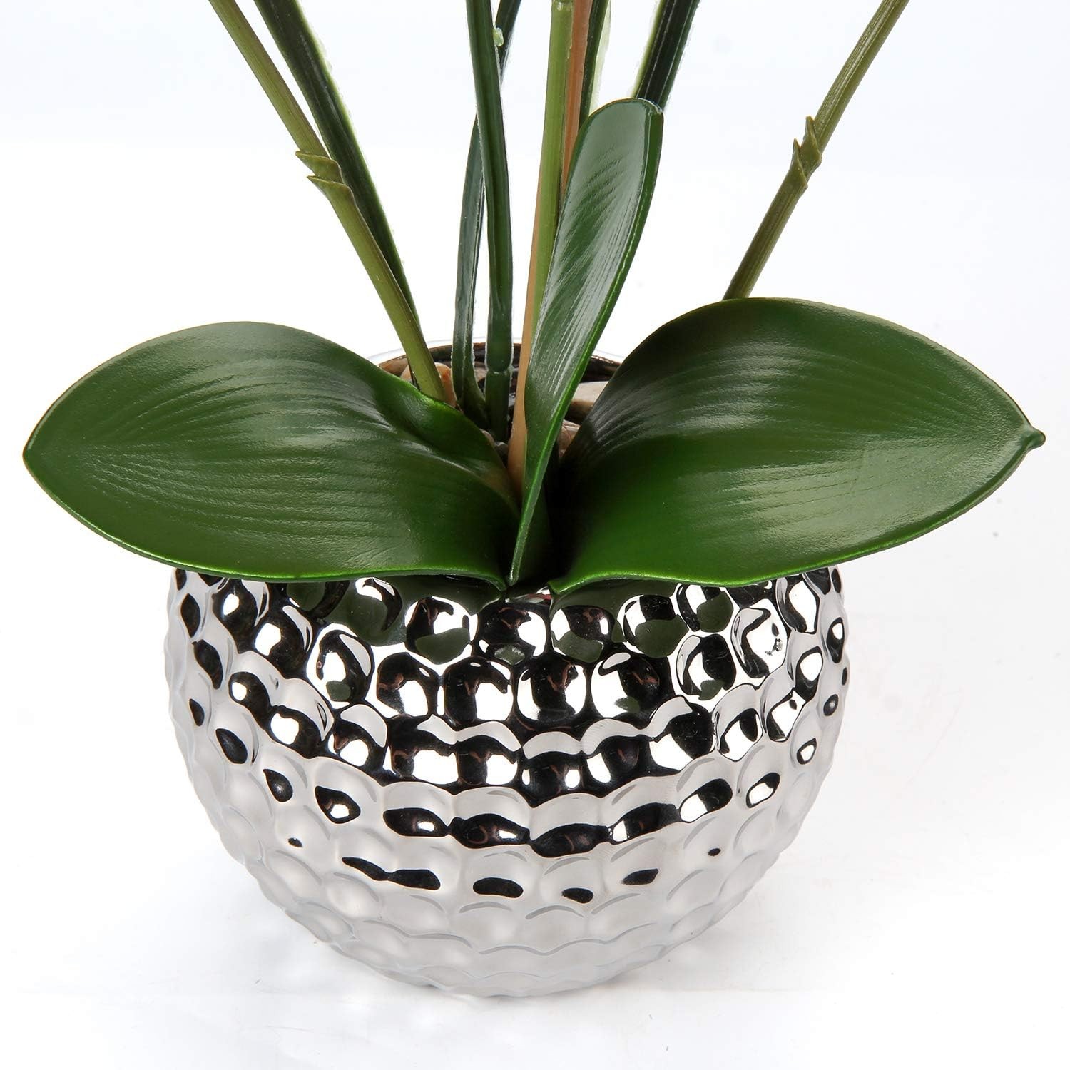 White Phalaenopsis Orchid Artificial Flowers 20.8″ Faux Plant in Silver Pot