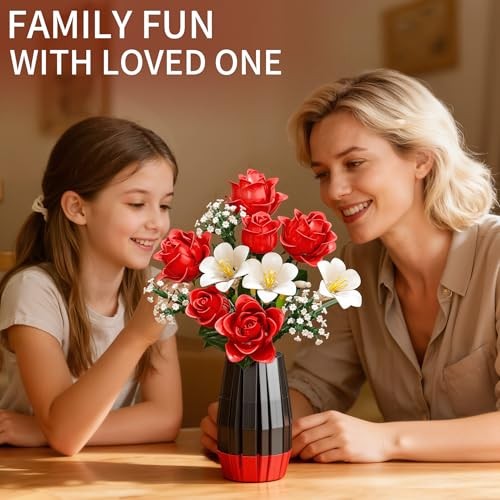 Rose Flower Building Blocks with Vase 1077PCS Artificial Bouquet Home Decor Gift