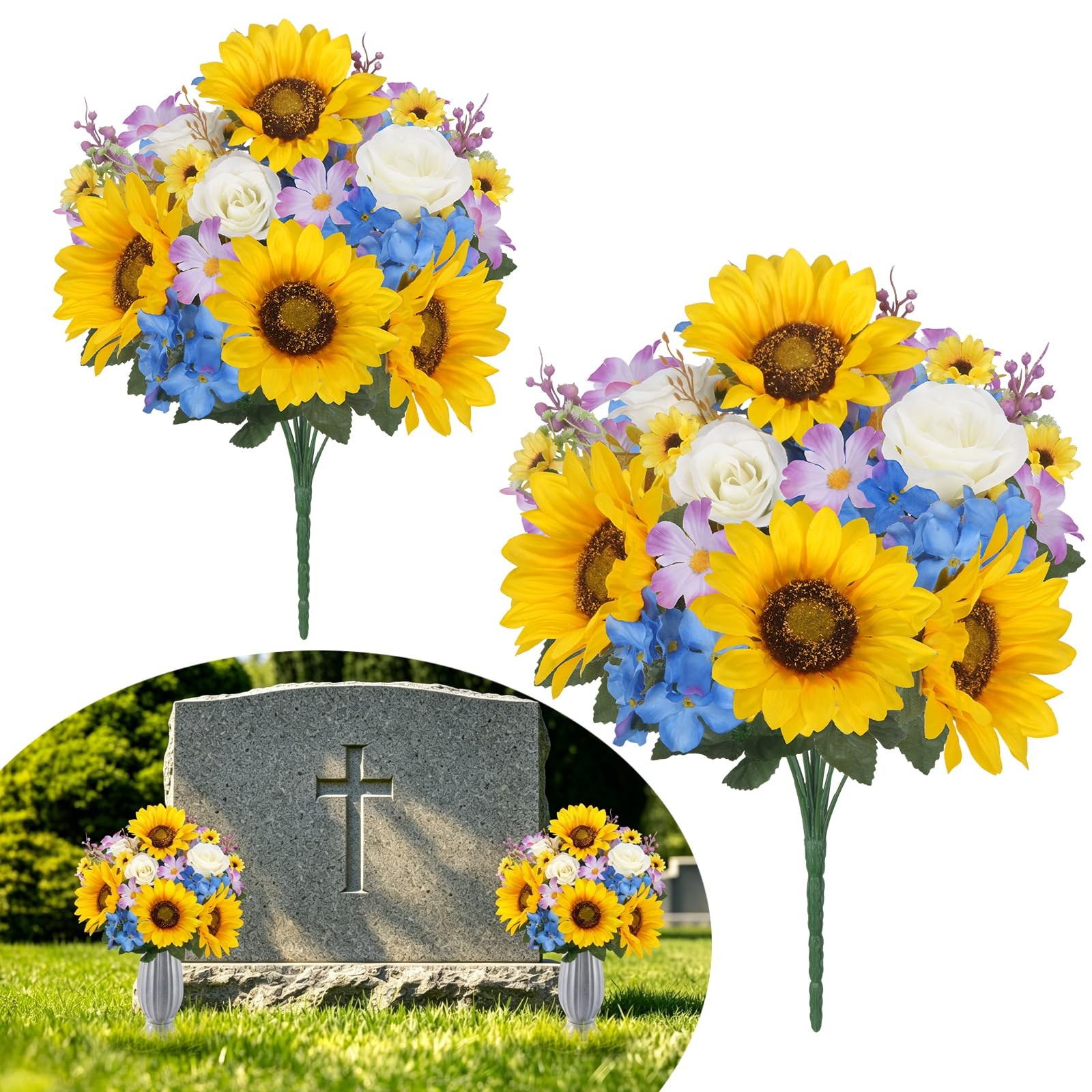 2Pcs 17.7Inch Sunflowers Artificial Flowers Bouquets Cemetery Flowers for Gra…