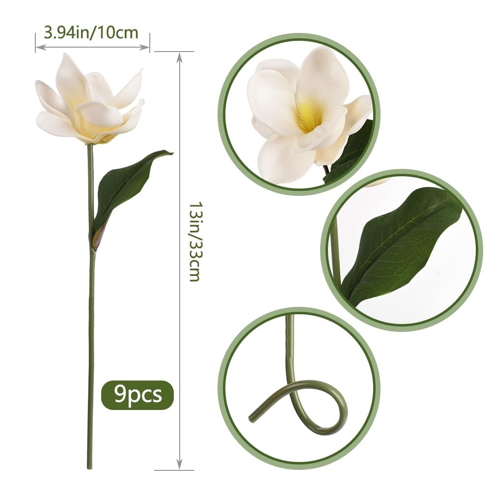 9pcs Artificial Magnolia Flower Branches 13 Inch White for Home Decor Indoor