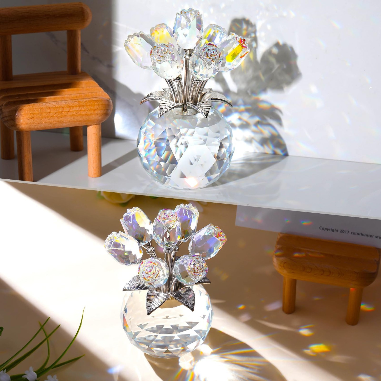 Ornalrist Crystal AB-Color Rose Bouquet Flower with Vase Figurine Decor, Rose…