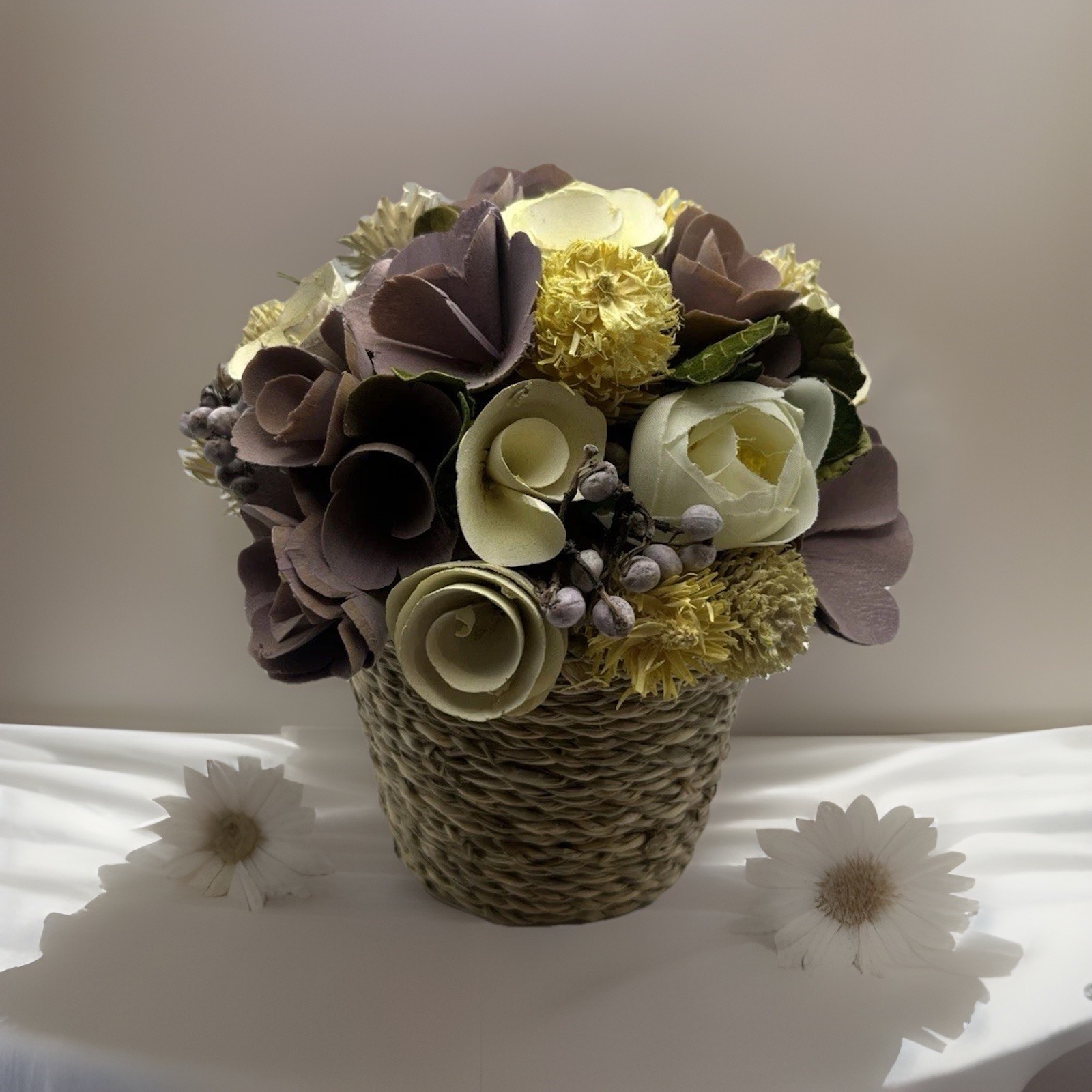 Sola Wood Rose Floral Arrangement Lavender Mauve Ivory Faux Flower Weave Basket