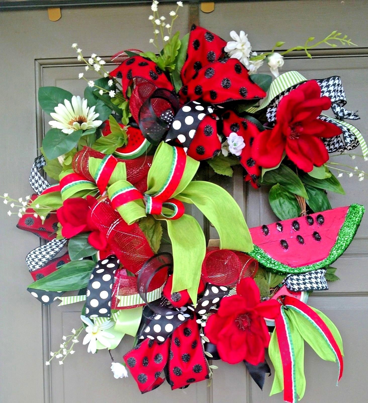 Large 24″ Summer Watermelon Front Door Wreath Handmade Red Farmhouse Decor