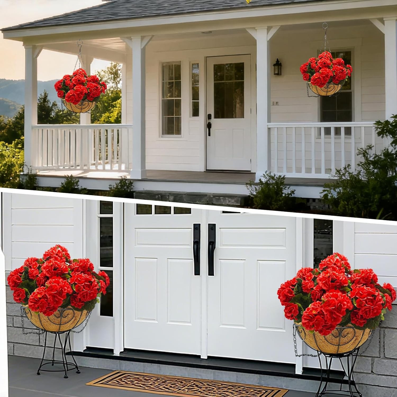 2 x Red Artificial Geranium Hanging Basket,Outdoor Christmas Porch Garden Decor