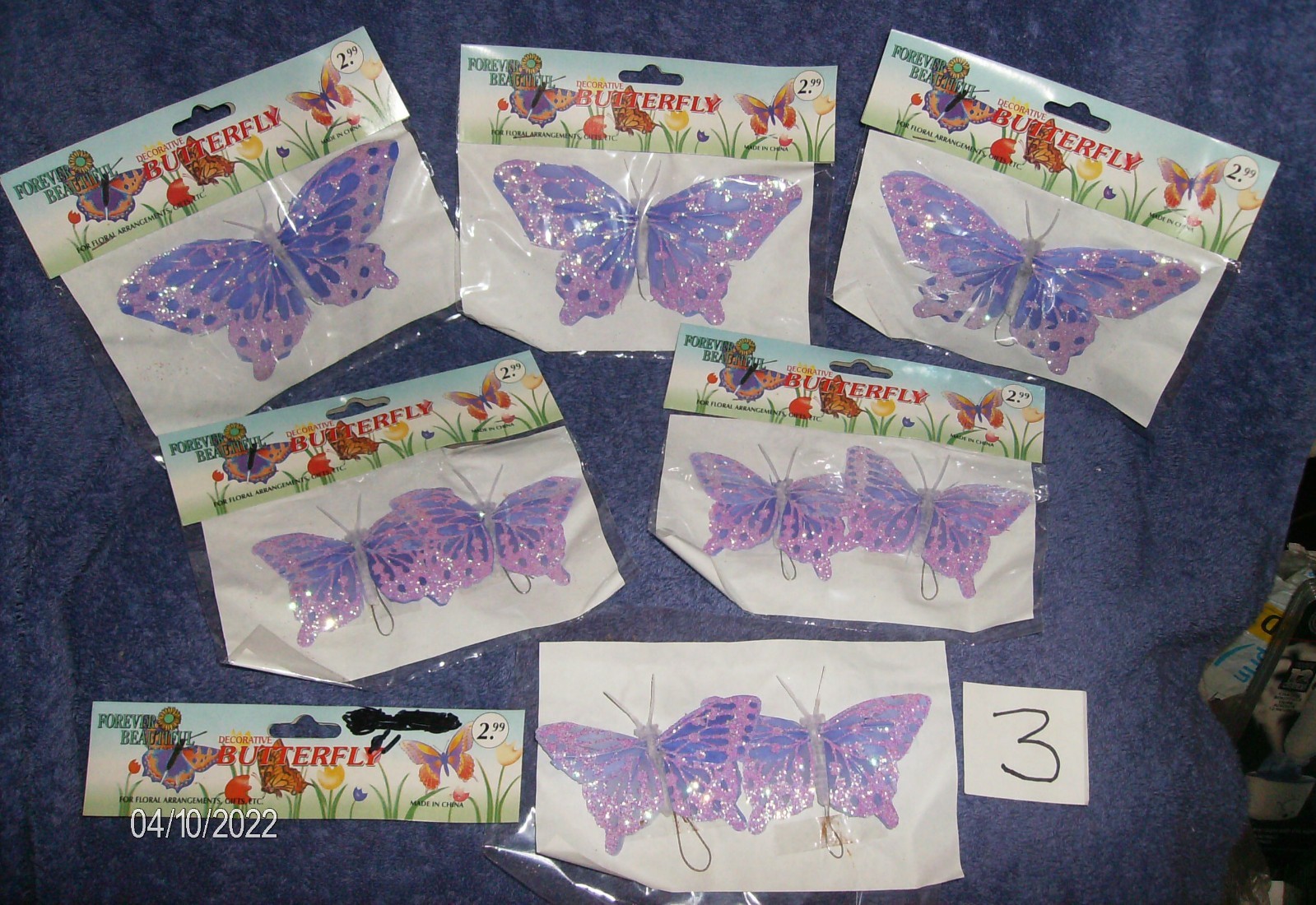 PURPLE/SILVER BUTTERFLY ON WIRE STEMS 3 LG 6 MED FLORAL ACCESSORIES CRAFTS #3