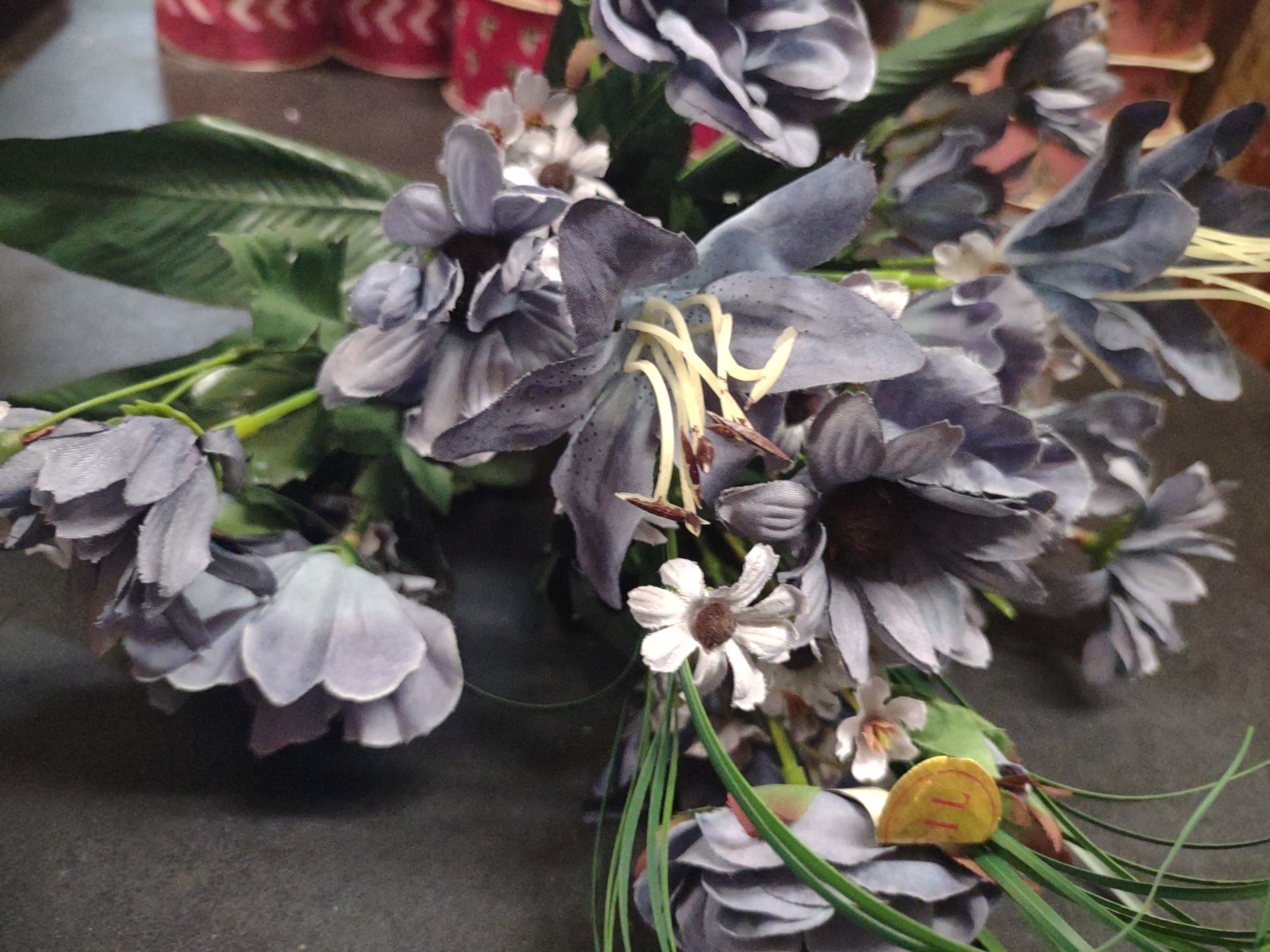 16″ Silk Floral Arrangement Bush, 14 Stems, Rose/Daisy/Tiger Lily, Country Blue