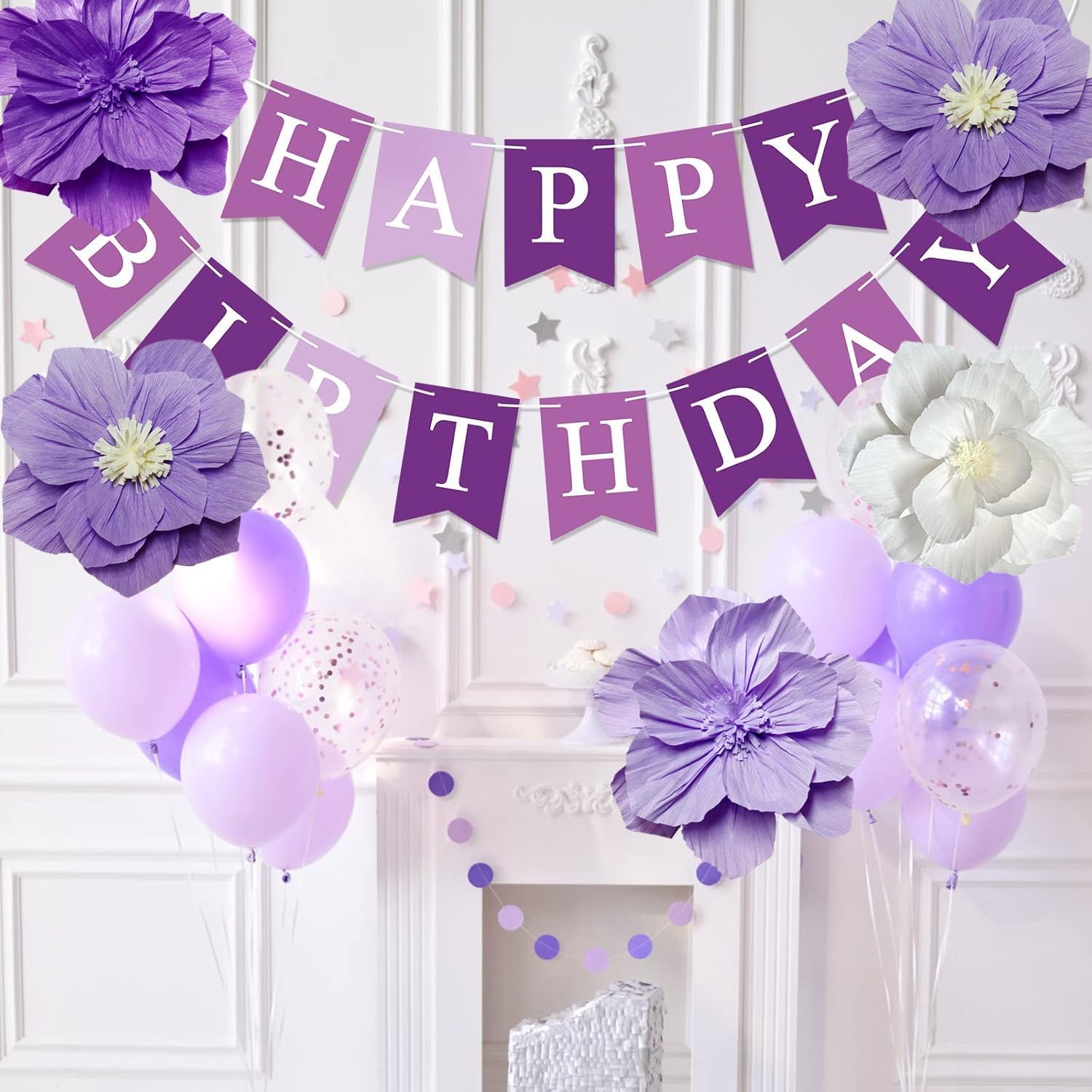 Purple Paper Flowers 5PCS 3D Flower Wall Decor – Violet White Lilac Pom Tissu…