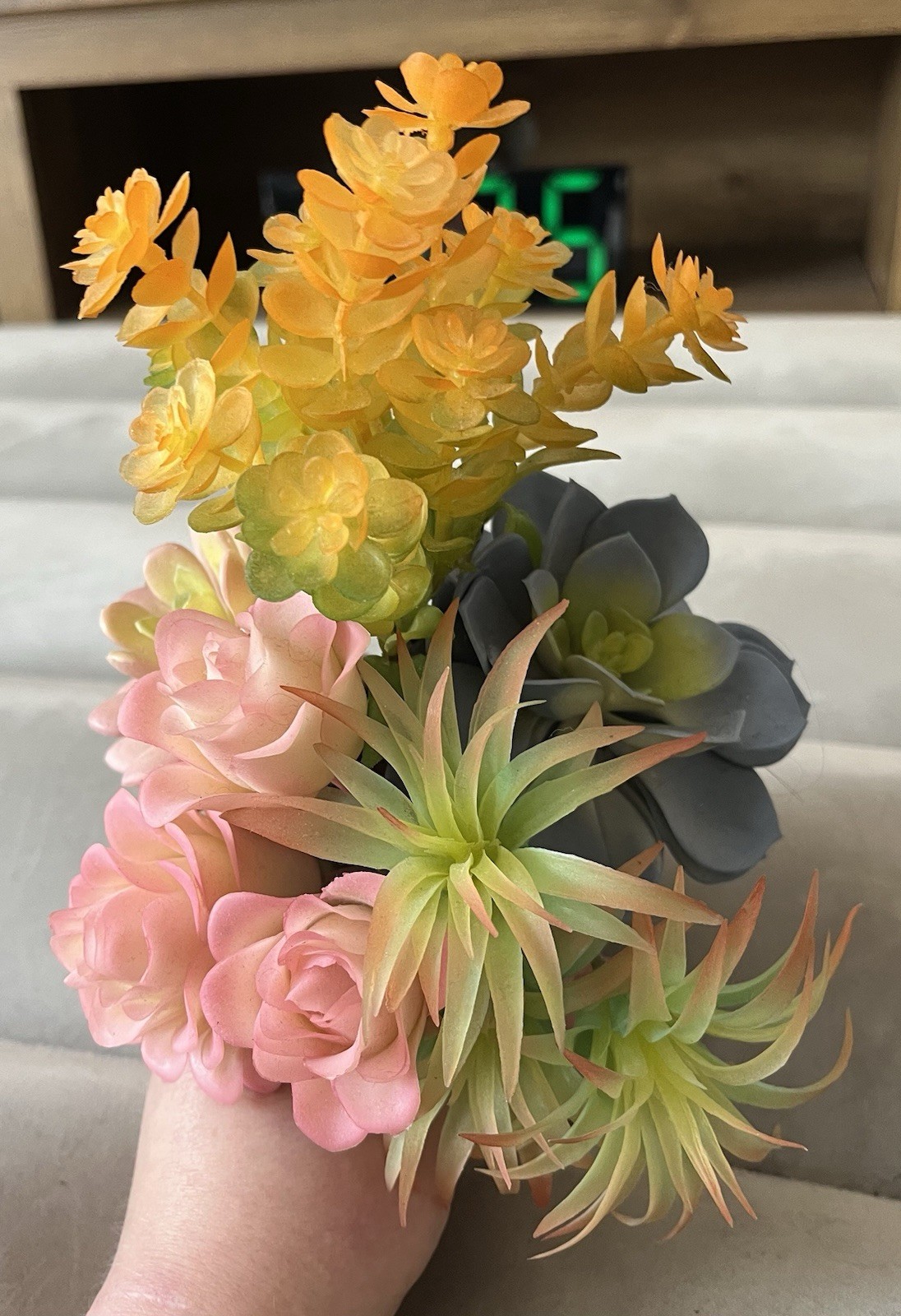 Artificial Succulent Floral Arrangement, Textured Light Green Pot, Mixed