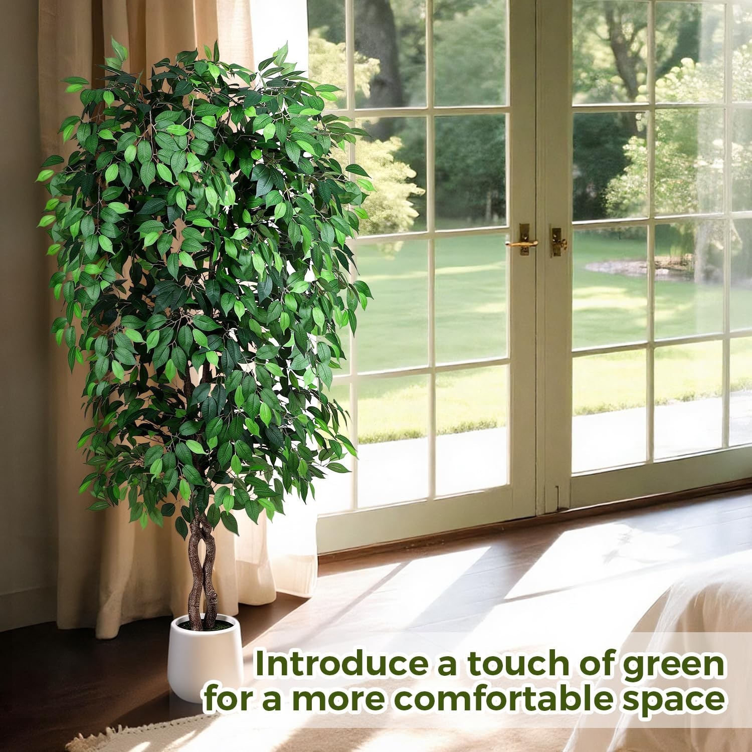 Jocoevol 7FT Artificial Ficus Tree, Tall Faux Trees Indoor White Planter, Dried