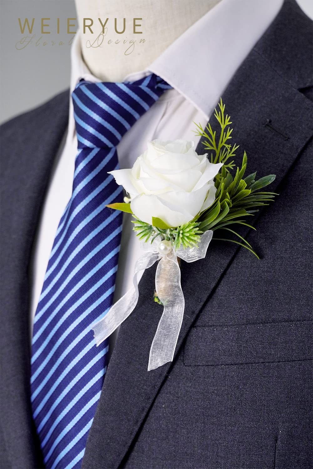 6 PCS Artificial White Rose Wrist Flowers and Mens Boutonniere Corsage Set