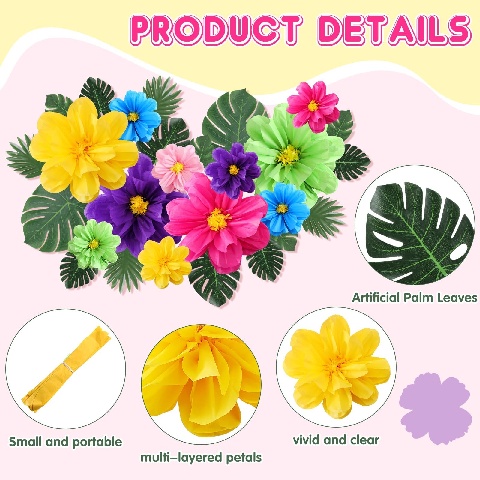 Tissue Paper Flowers Faux Palm Leaves Set 42 PCS for Hawaiian Luau Party