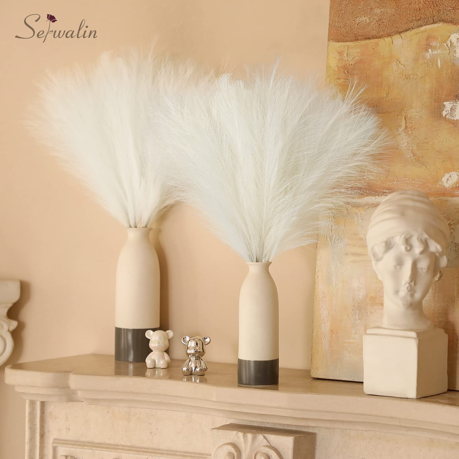 White Pampas Grass Decor, 17.7 Inch 6pcs Boho Decor, Faux Pampas Grass Living…