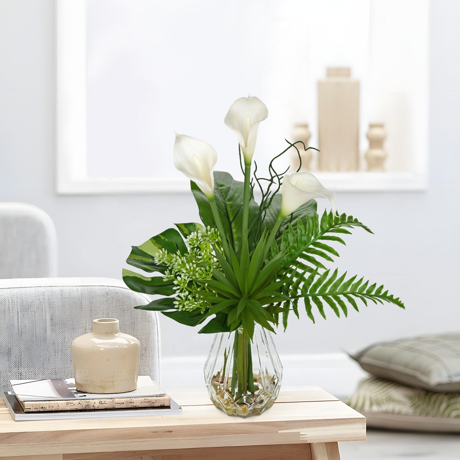 Fake Plants in Glass Vase with Stone and Faux Water, Mixed Palm Calla Lily Su…