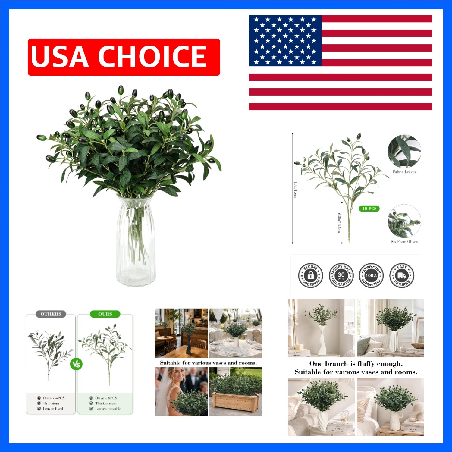 18in 10PCS Artificial Olive Branches for Vase Fake Greenery Stems | Faux Oliv…