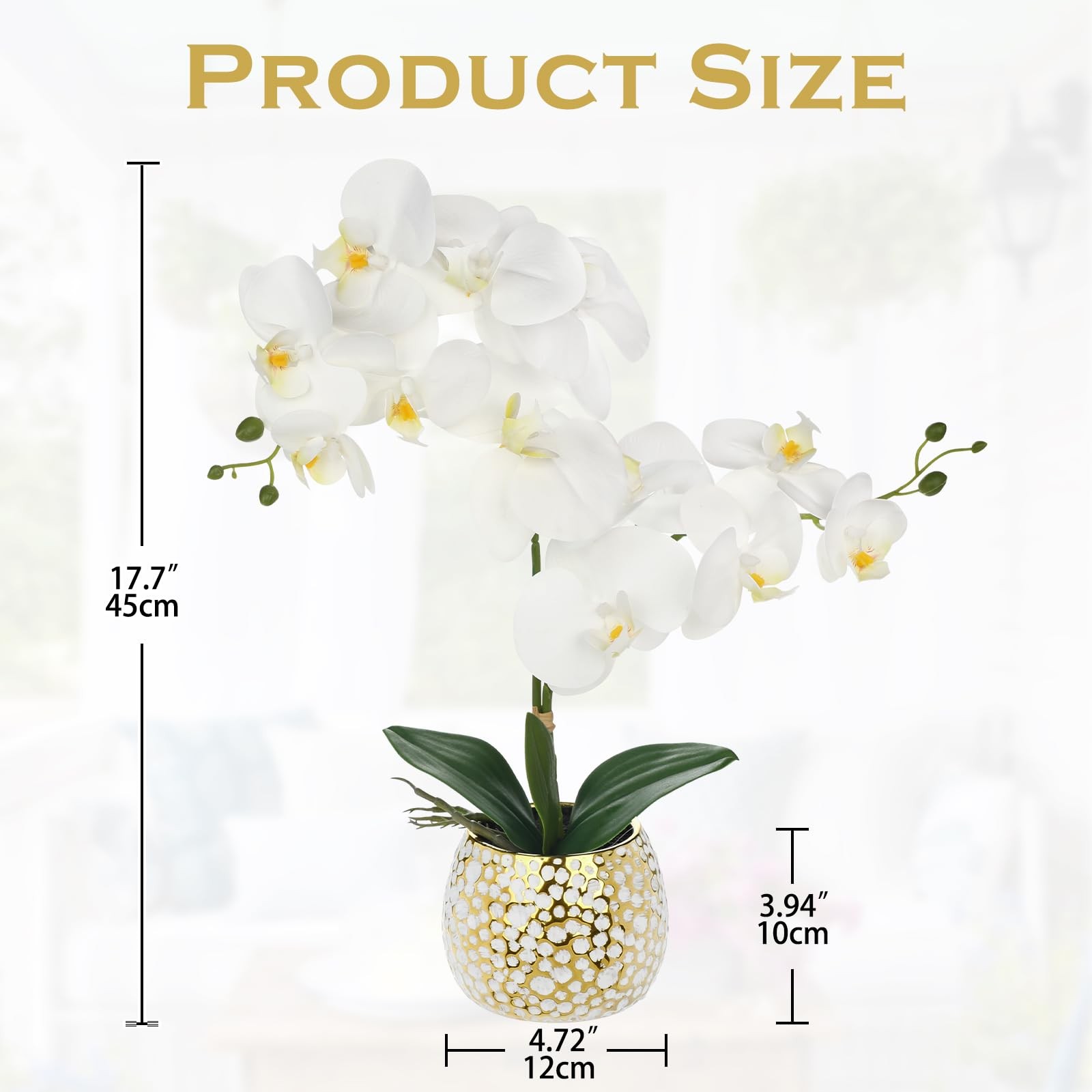 17.7 Inch White Artificial Orchid Silk Flowers Gold Pot Table Centerpiece