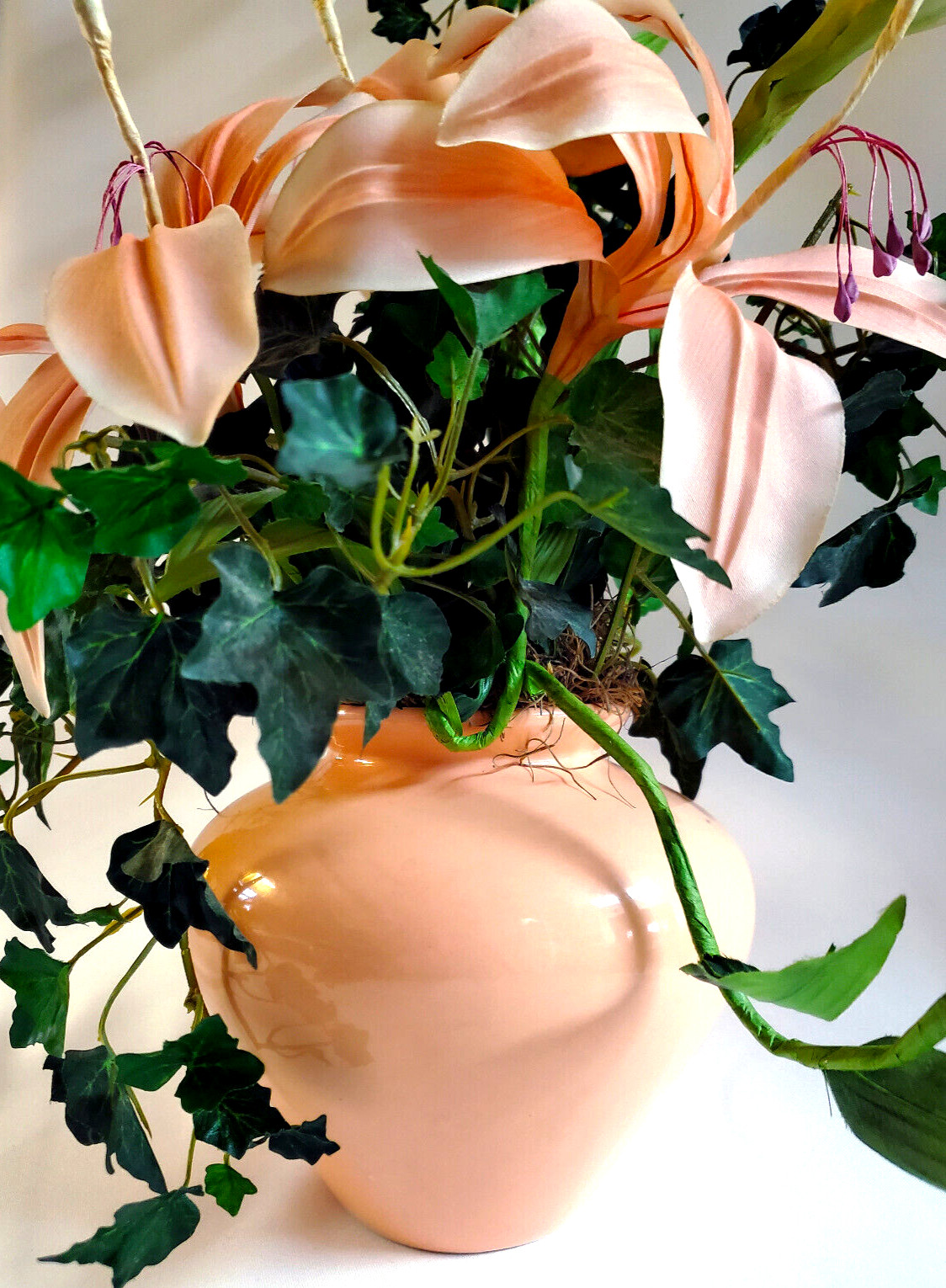 Peach Lillies & Ivy Silk Floral Centerpiece in Matching ceramic Vase