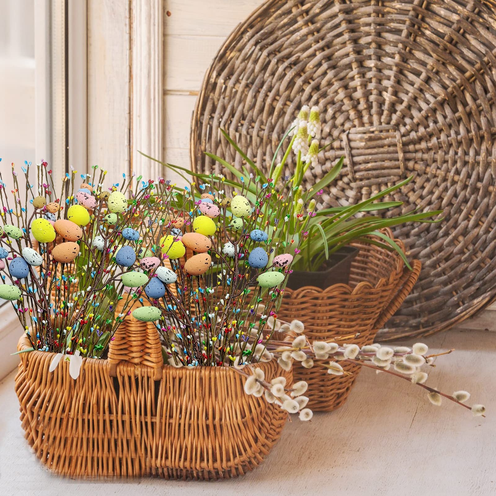 41 Pcs Artificial Easter Spray Vine with Pastel Easte Eggs and Decorative Ber…