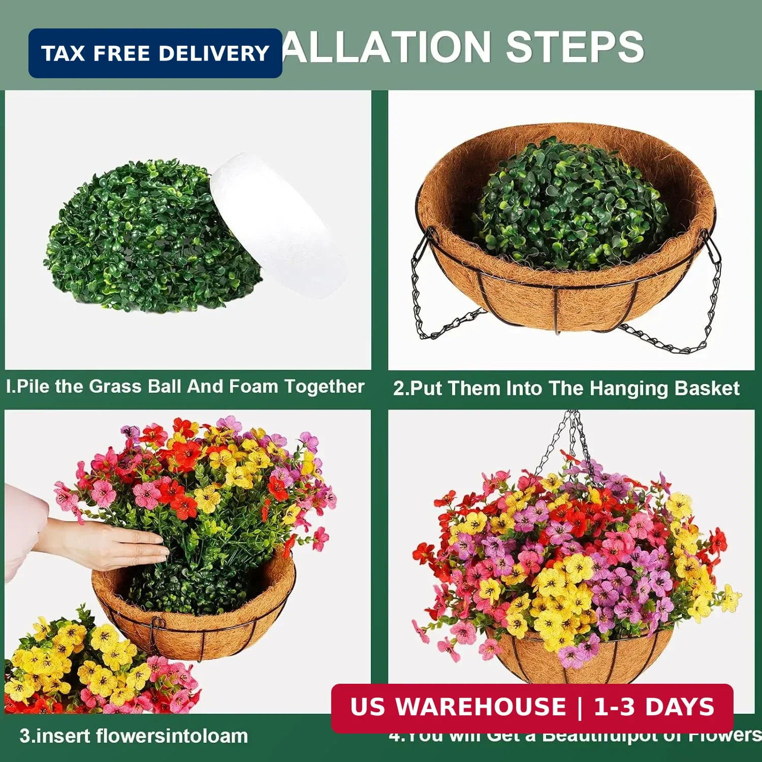 Artificial Outdoors Flowers with Hanging Basket, UV Resistant Fake Hanging Flowe