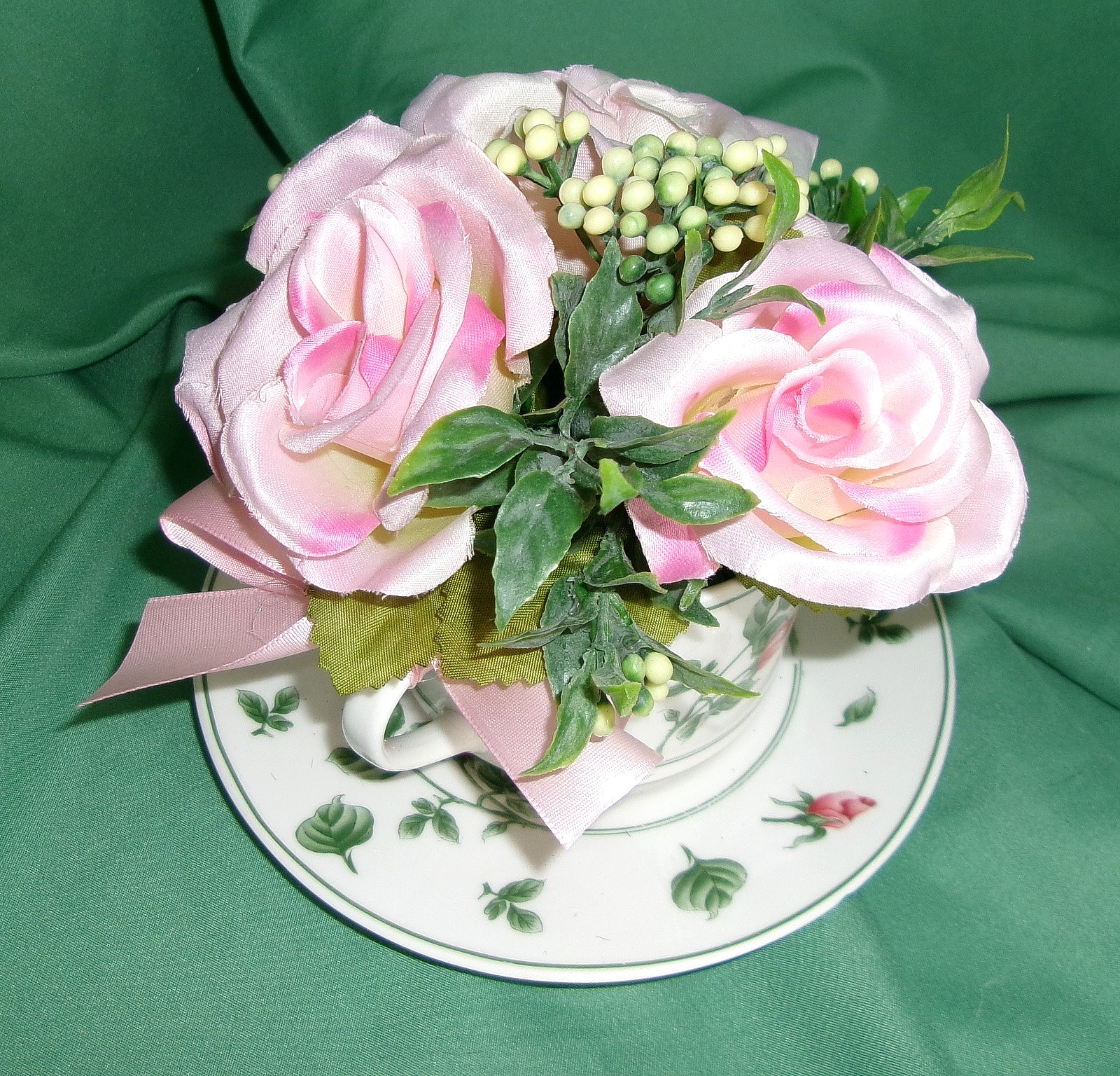 Floral Arrangement Vintage Cup Saucer Pink Silk Rose Home Decoration Accent New
