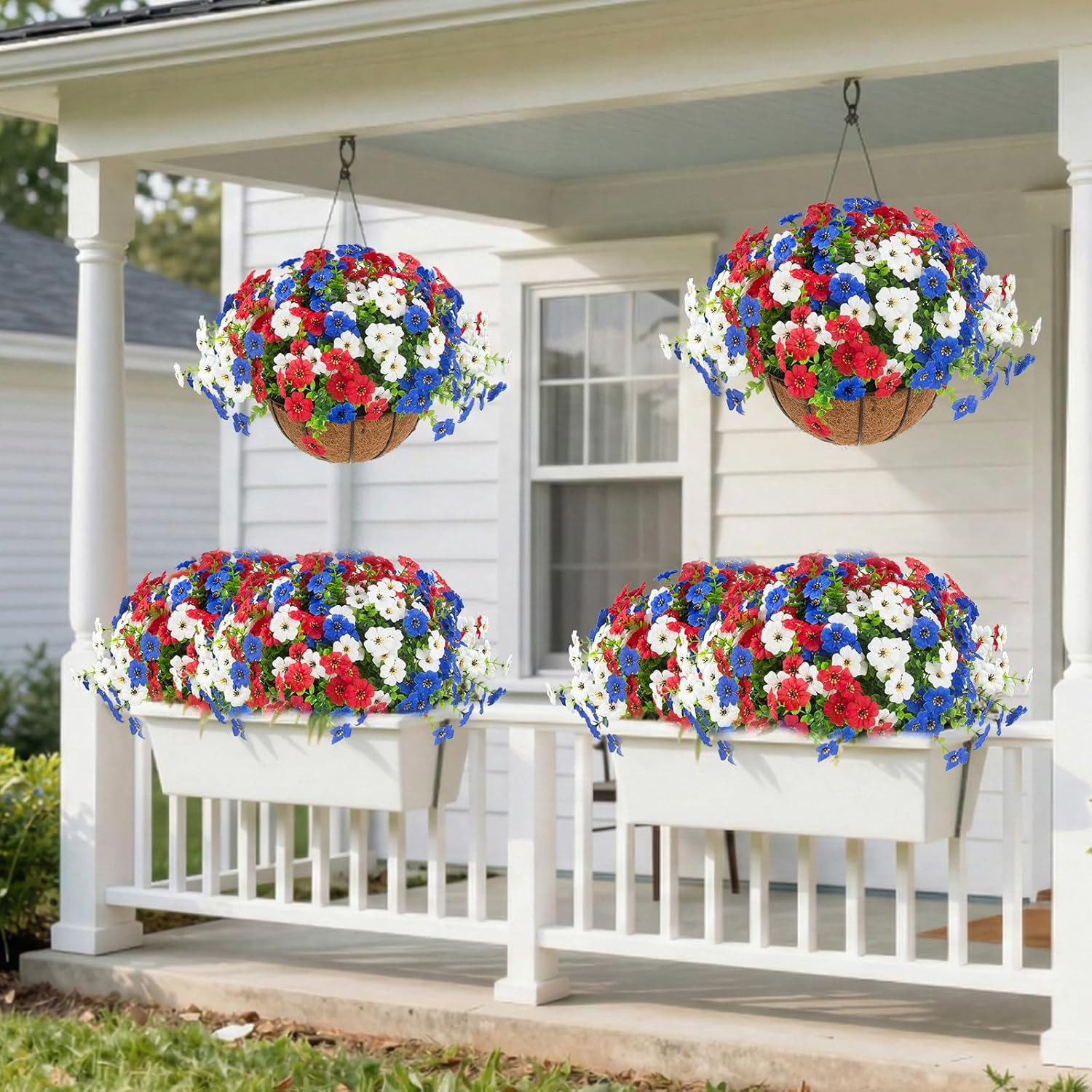 2 Pack Patriotic Hanging Flower Baskets for 4th of July Decor- Red, White, Blue