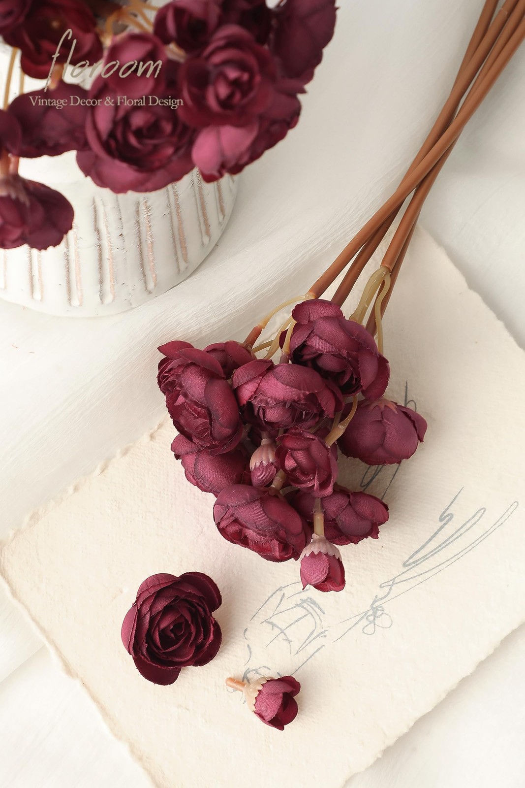 18 PCS Burgundy Artificial Ranunculus Faux Silk Mini Bulk Wedding Flowers