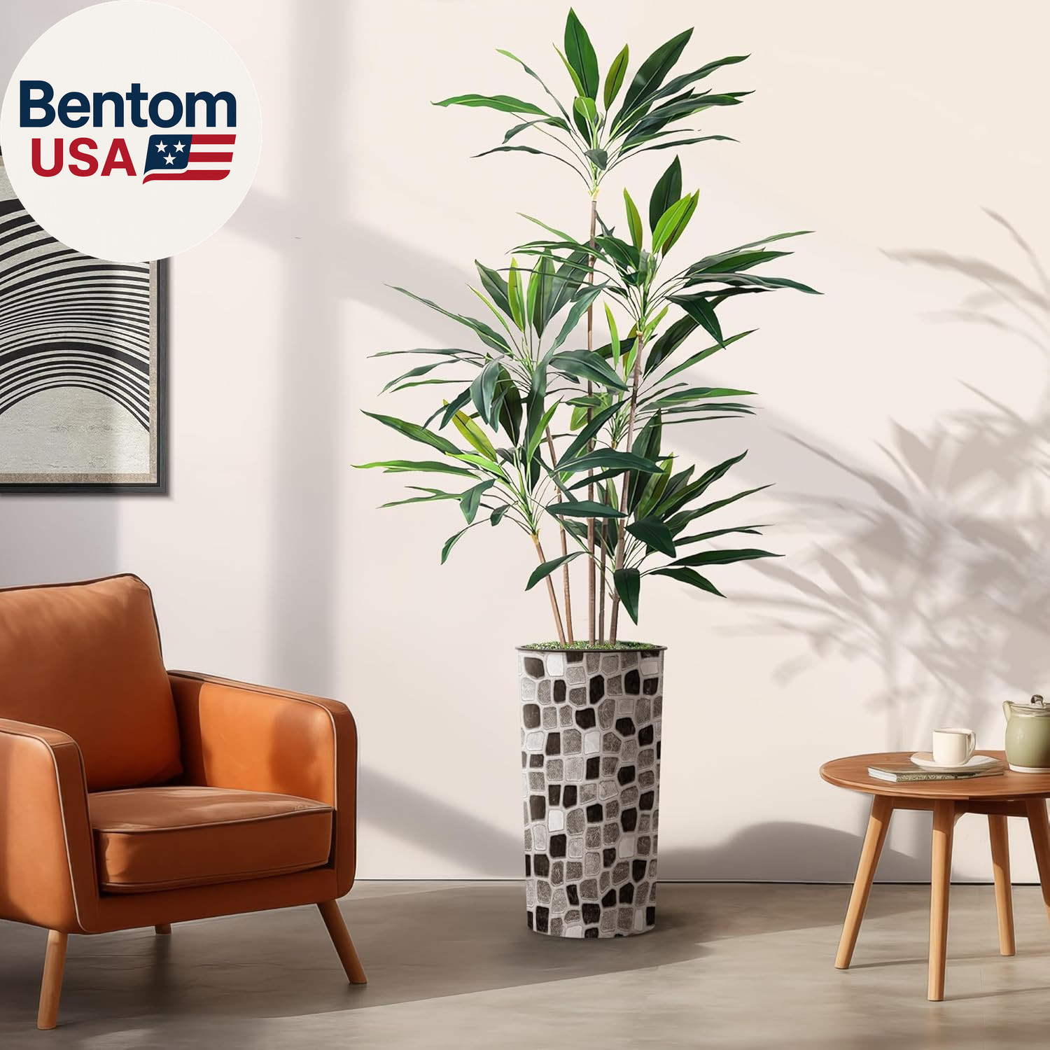 Artificial Tree in Modern Geometric Pattern Planter, Fake Dracaena Tree Silk Tre