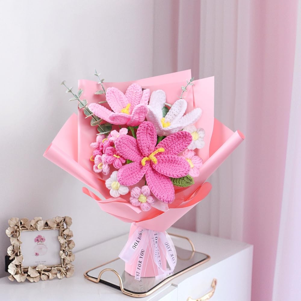 Crochet Flower Bouquet: Crochet Tulips Bouquet Handmade Knitted Flowers with Mot