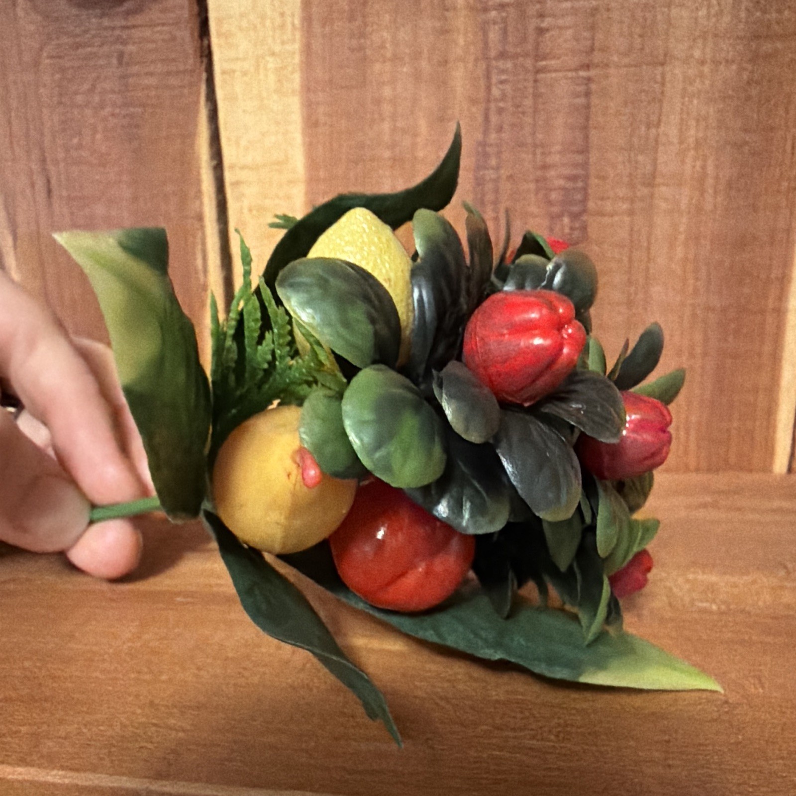 VTG Artificial Berry Floral Pick with Green Leaves, Red & Yellow Fruit, 7 in