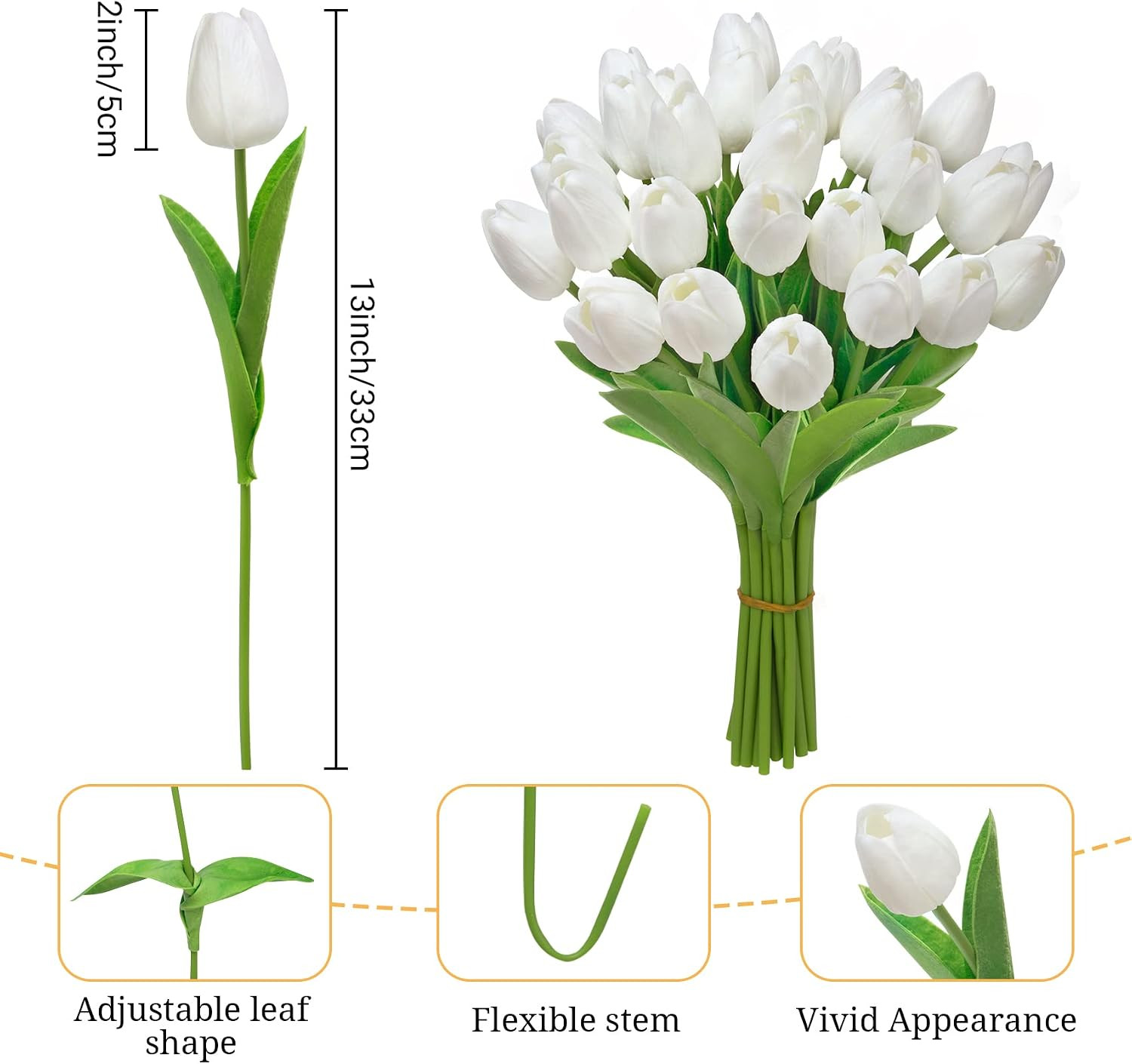 Fake Tulips Artificial Flowers 30pcs Real Touch PU White Stems Faux Wedding