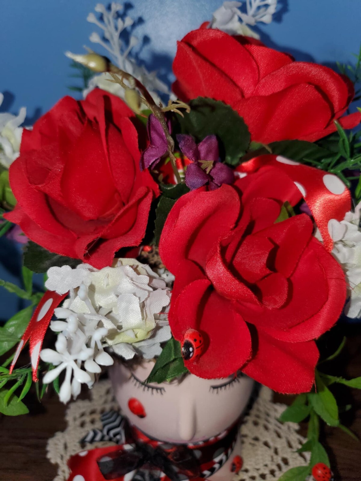 Handmade Floral Arrangement Whimsical Planter Ladybugs Red Roses Purple White